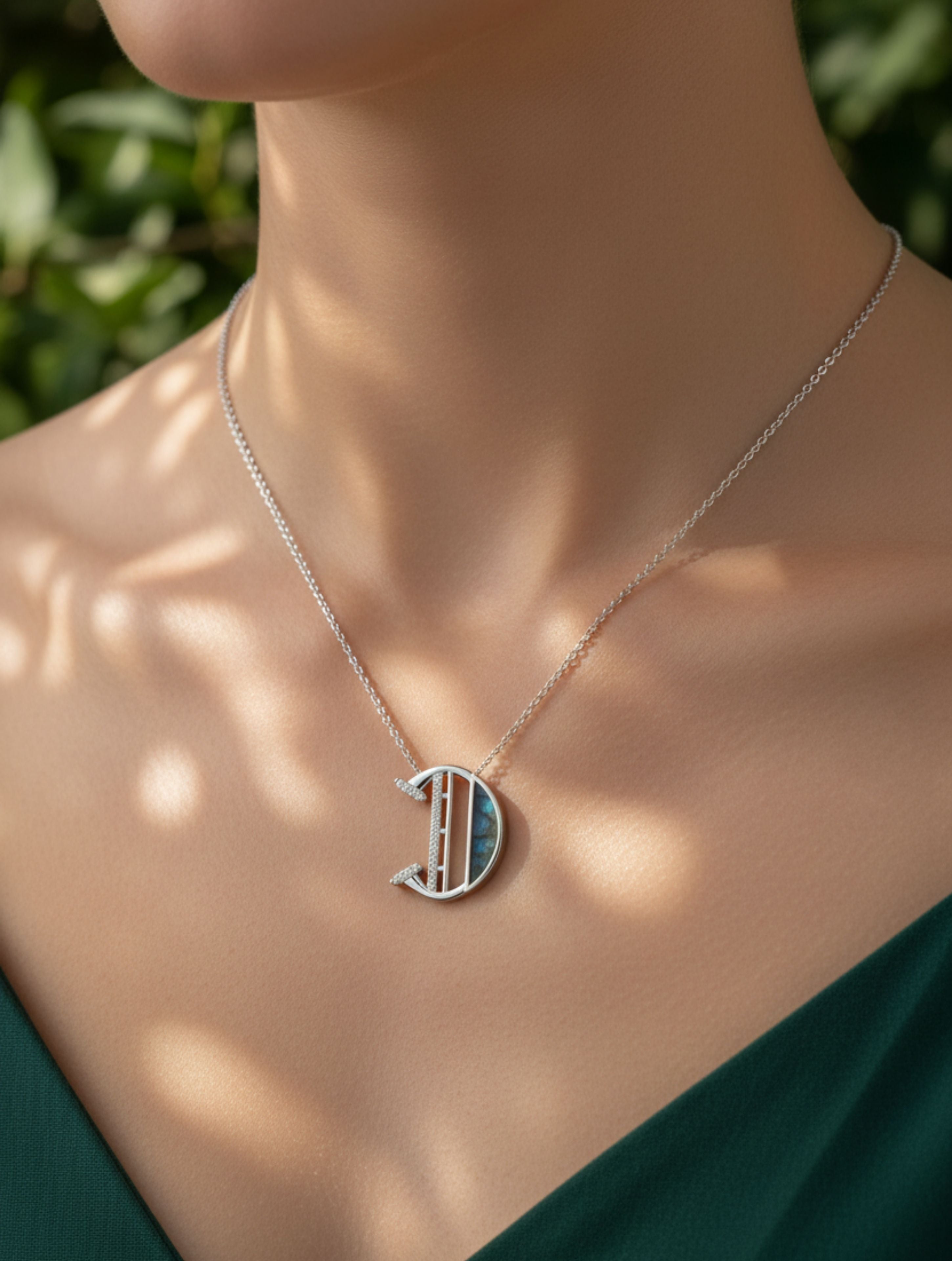 Signery ‘D’ Initial Pendant – Labradorite Moissanite & Rhodium Plated