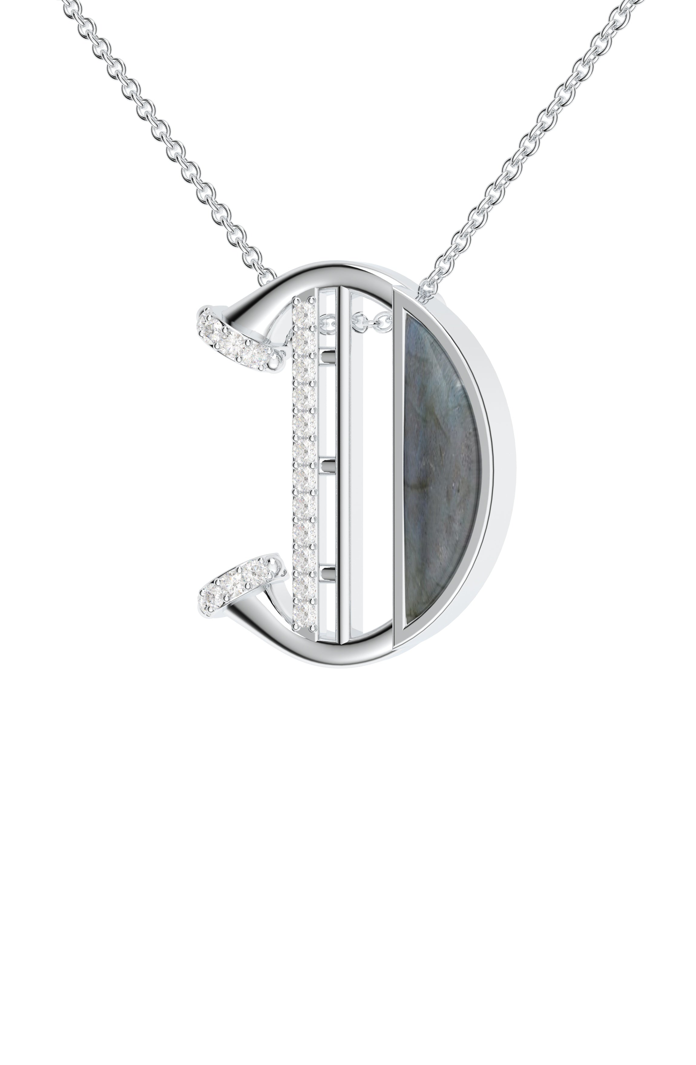 Signery ‘D’ Initial Pendant – Labradorite Moissanite & Rhodium Plated