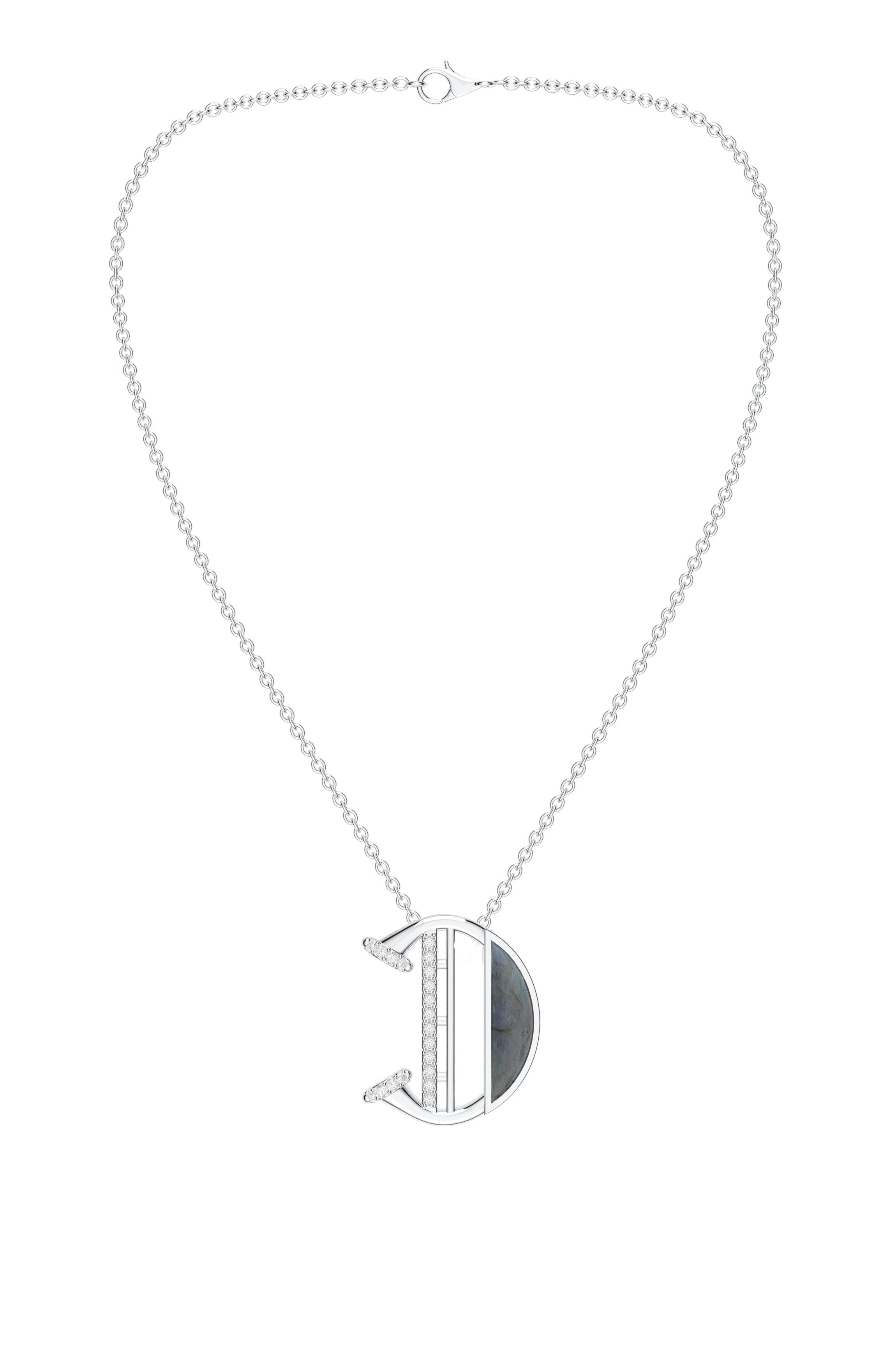 Signery ‘D’ Initial Pendant – Labradorite Moissanite & Rhodium Plated