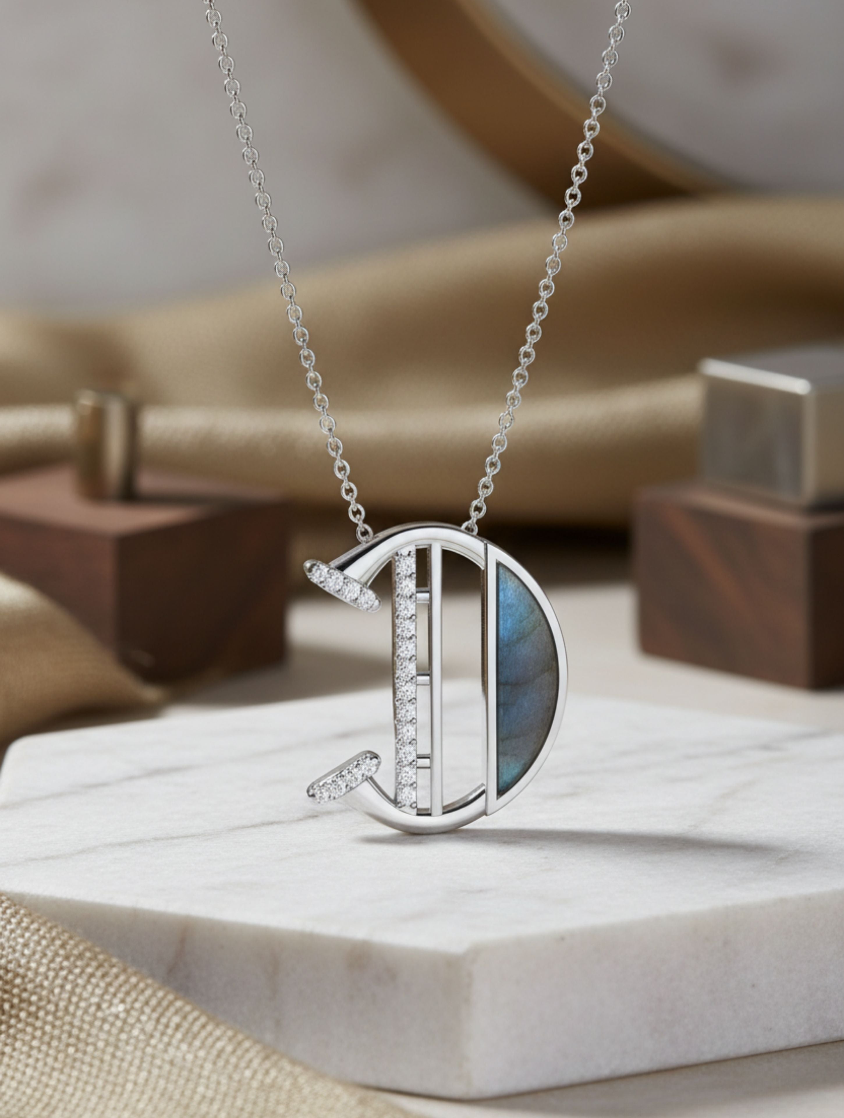 Signery ‘D’ Initial Pendant – Labradorite Moissanite & Rhodium Plated