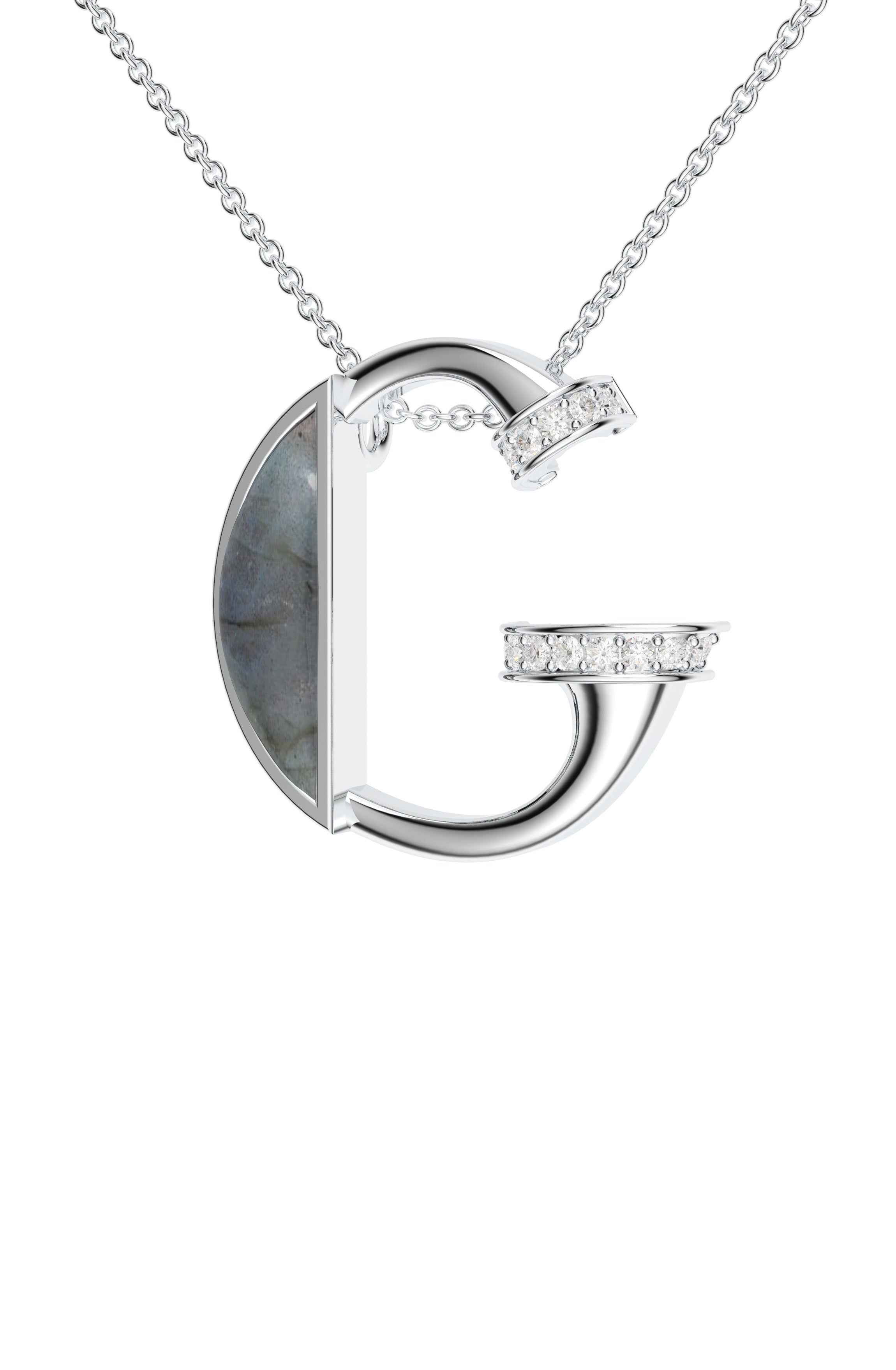 Signery ‘G Initial Pendant – Labradorite Moissanite & Rhodium Plated