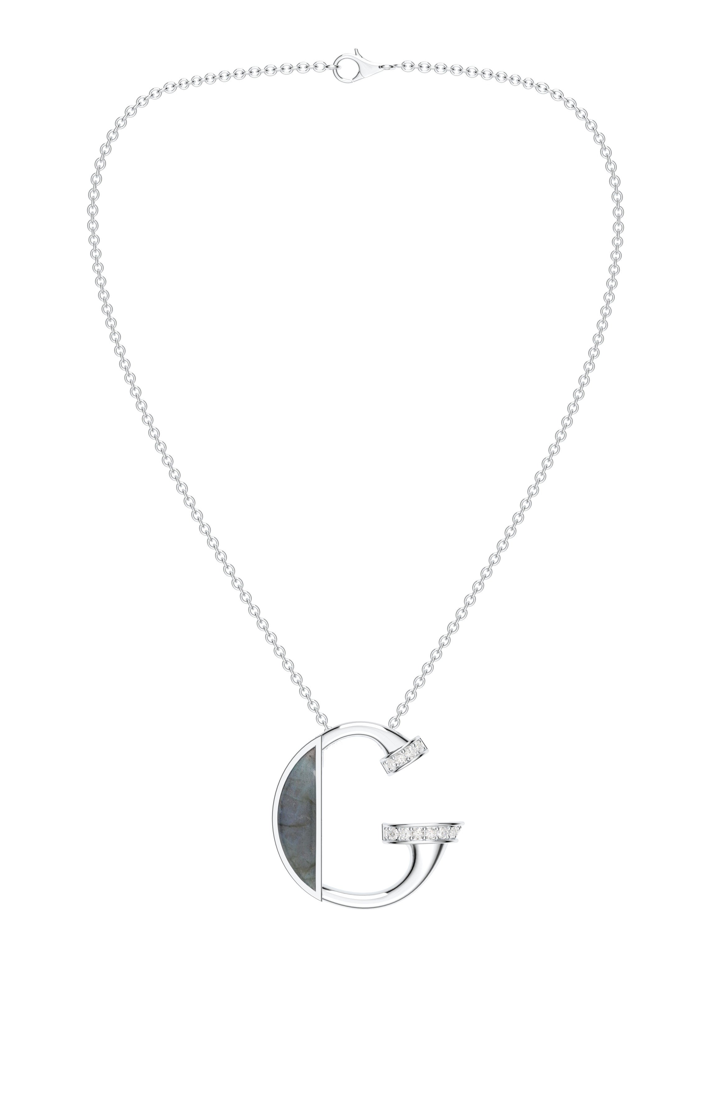 Signery ‘G Initial Pendant – Labradorite Moissanite & Rhodium Plated