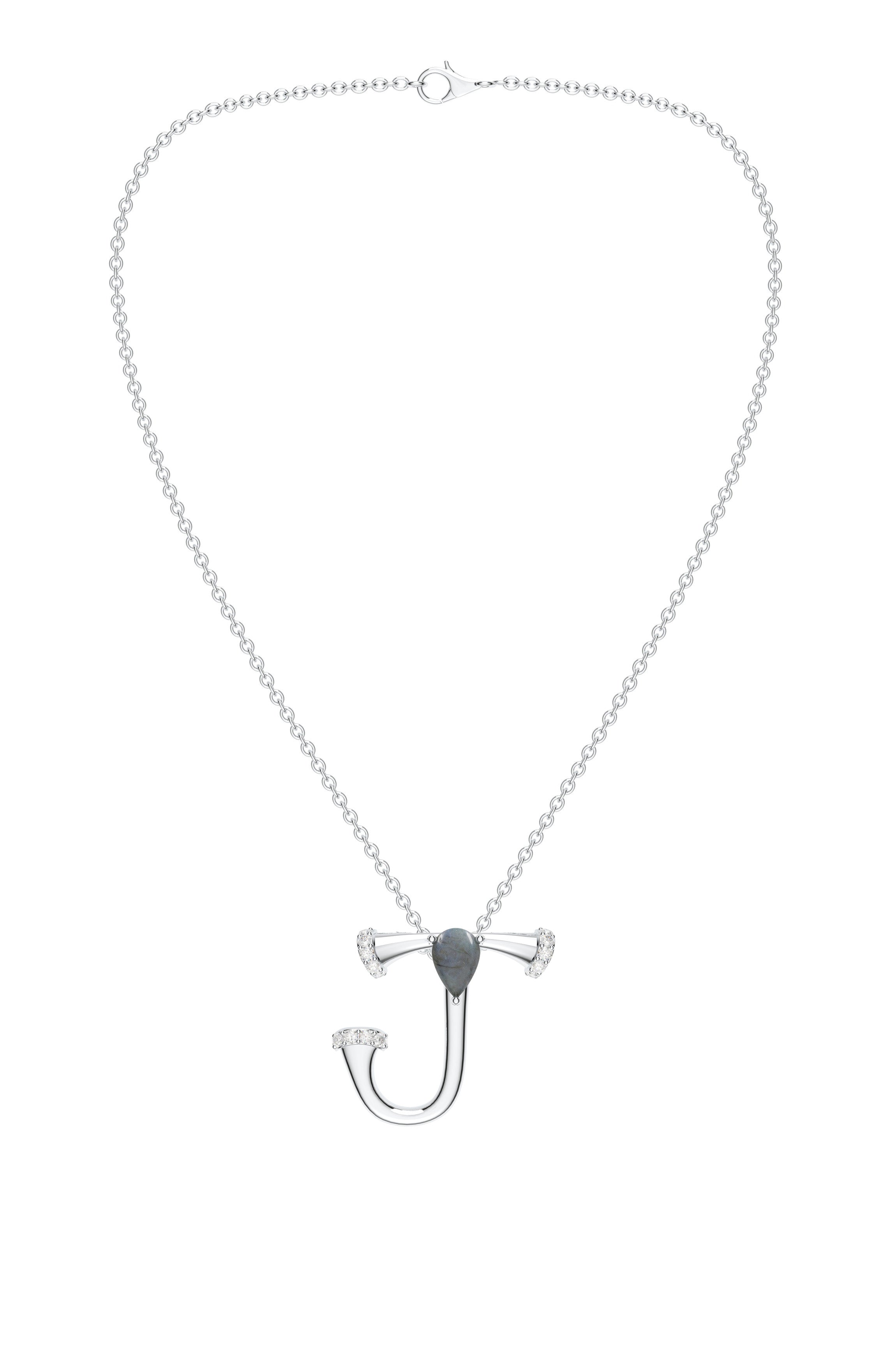 Signery ‘J’ Initial Pendant – Labradorite Moissanite & Rhodium Plated