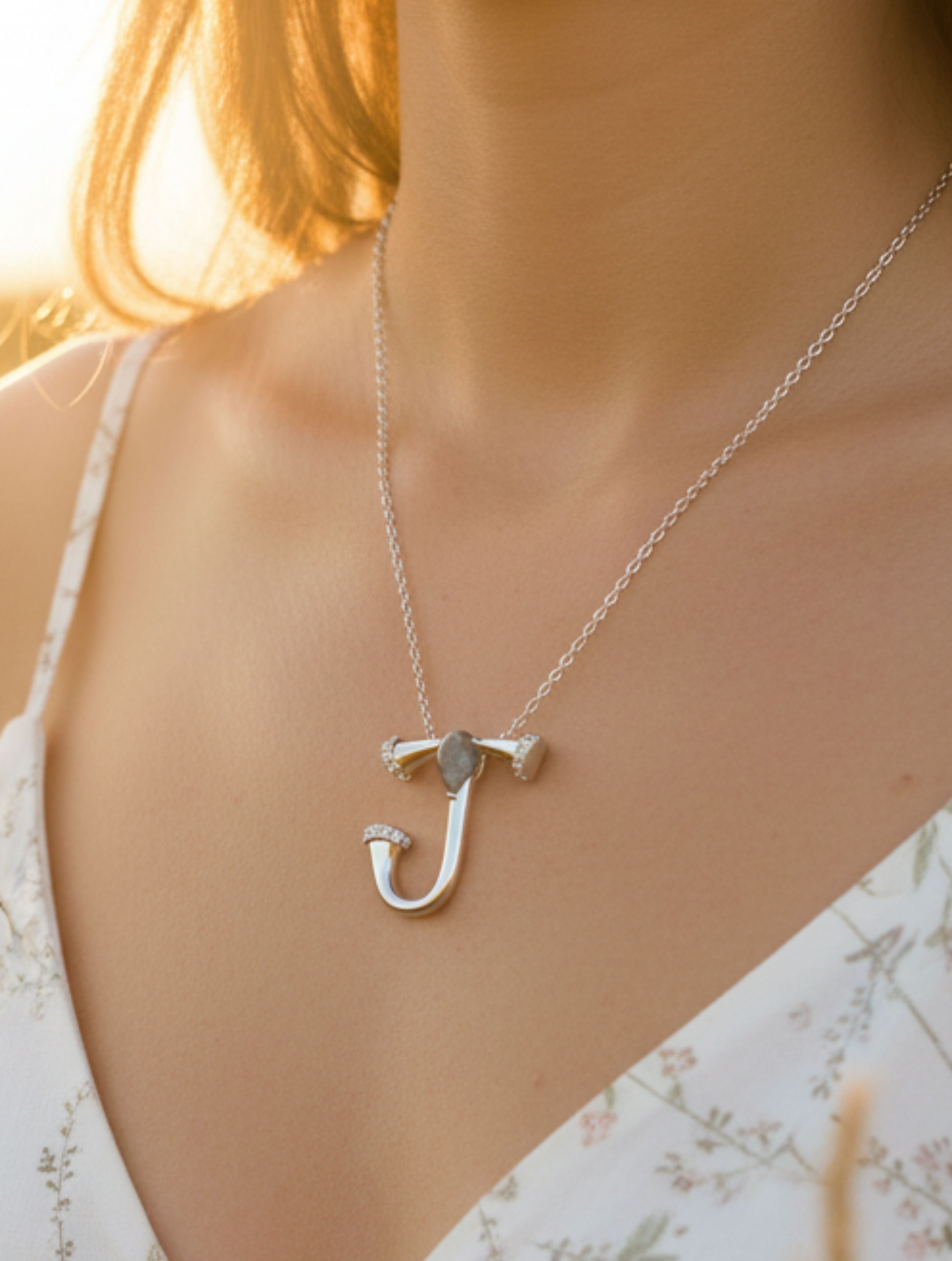 Signery ‘J’ Initial Pendant – Labradorite Moissanite & Rhodium Plated