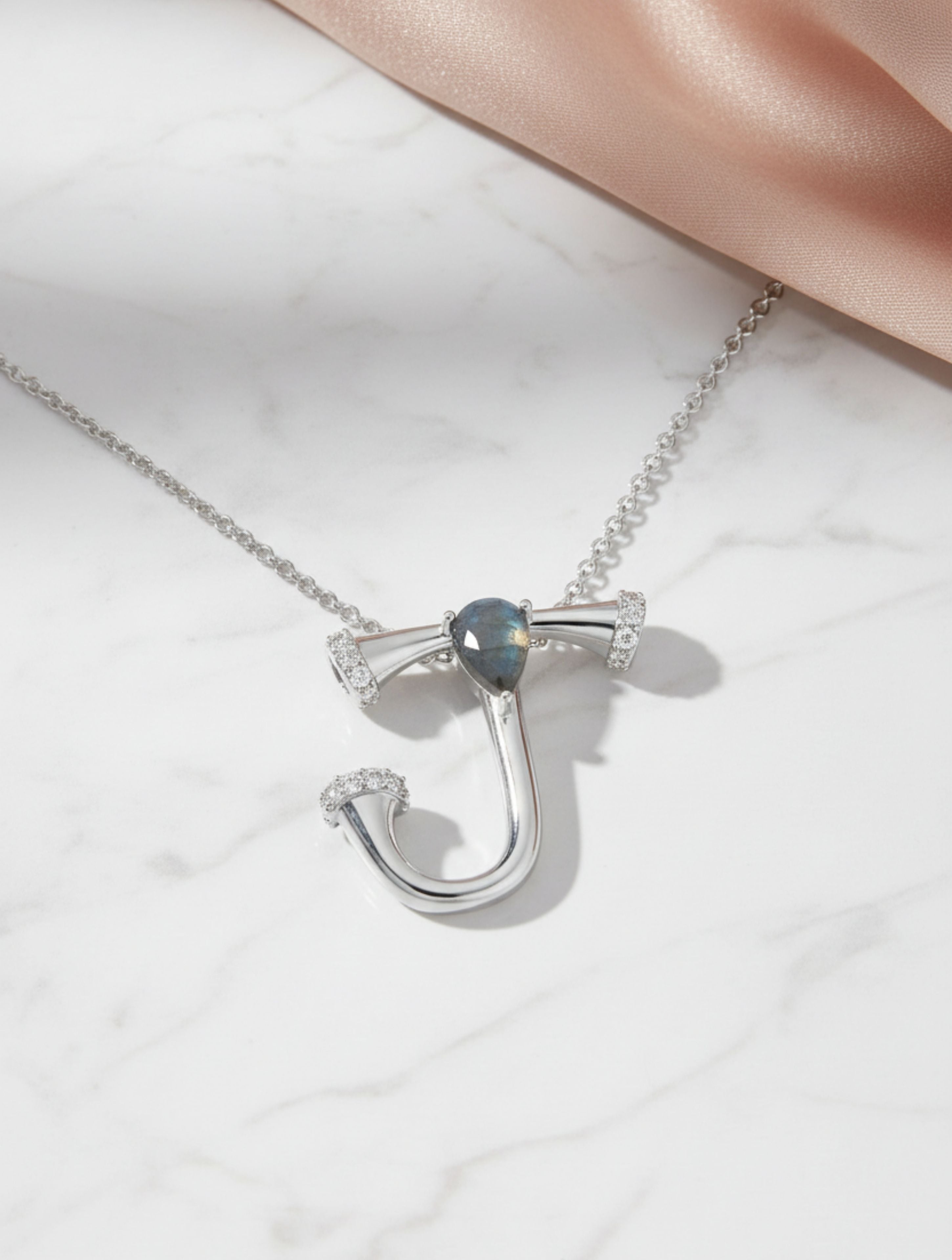 Signery ‘J’ Initial Pendant – Labradorite Moissanite & Rhodium Plated