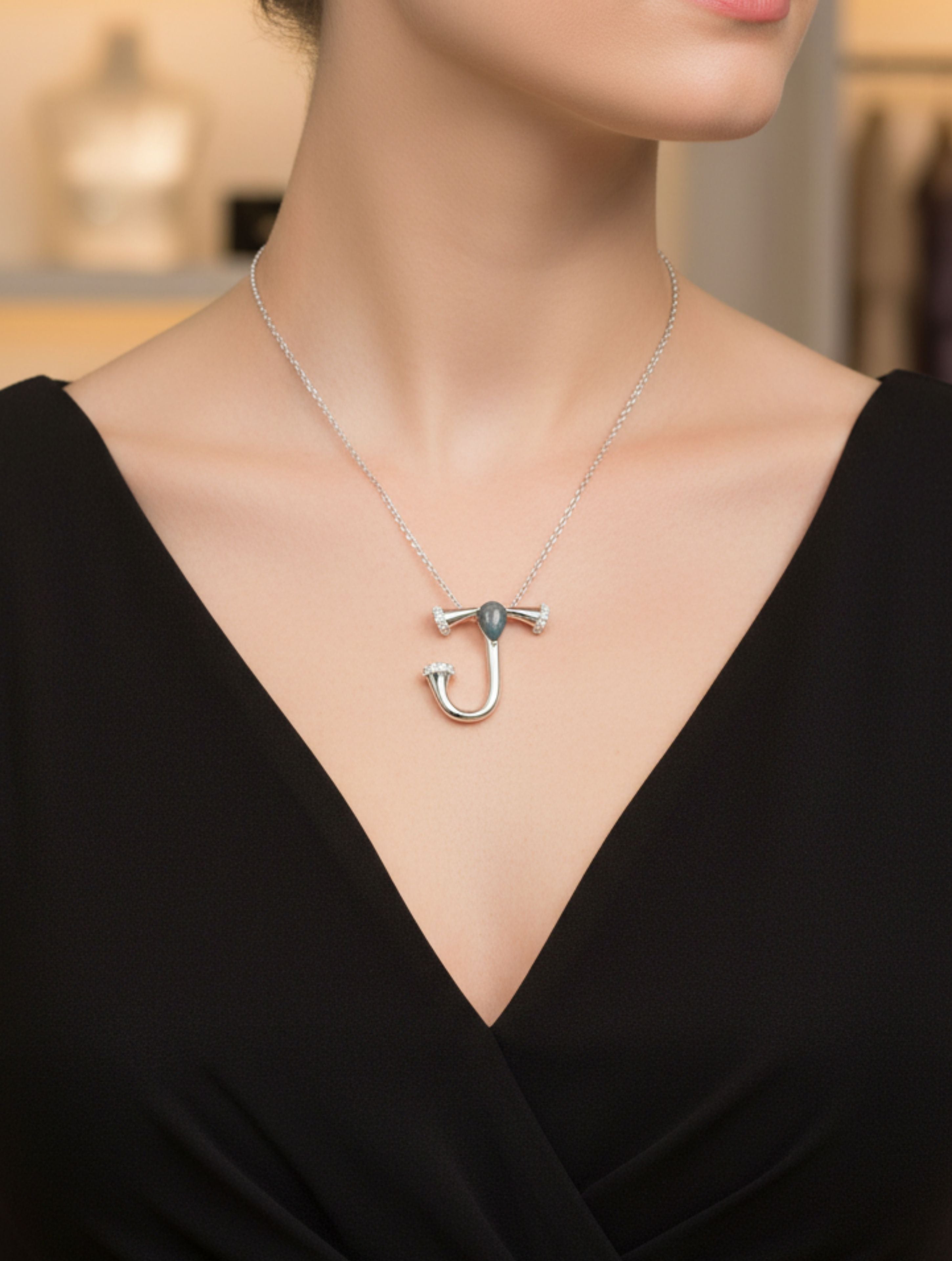 Signery ‘J’ Initial Pendant – Labradorite Moissanite & Rhodium Plated