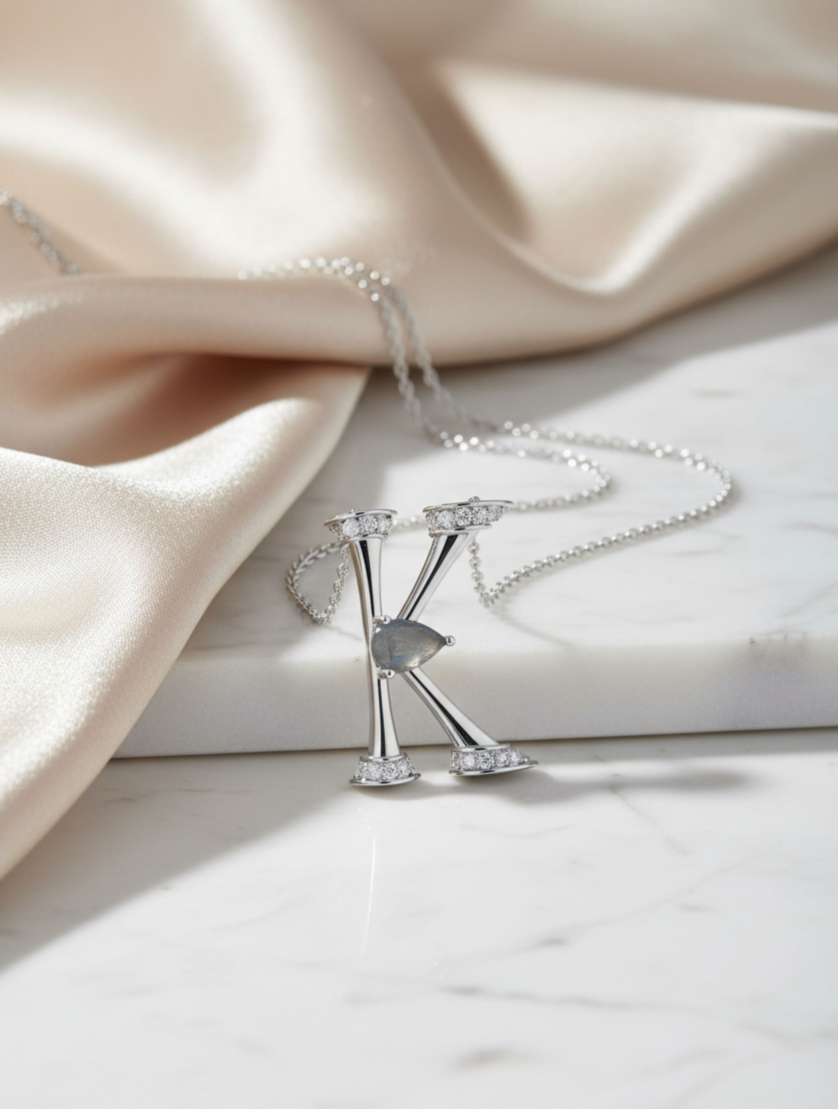 Signery ‘K’ Initial Pendant – Labradorite Moissanite & Rhodium Plated