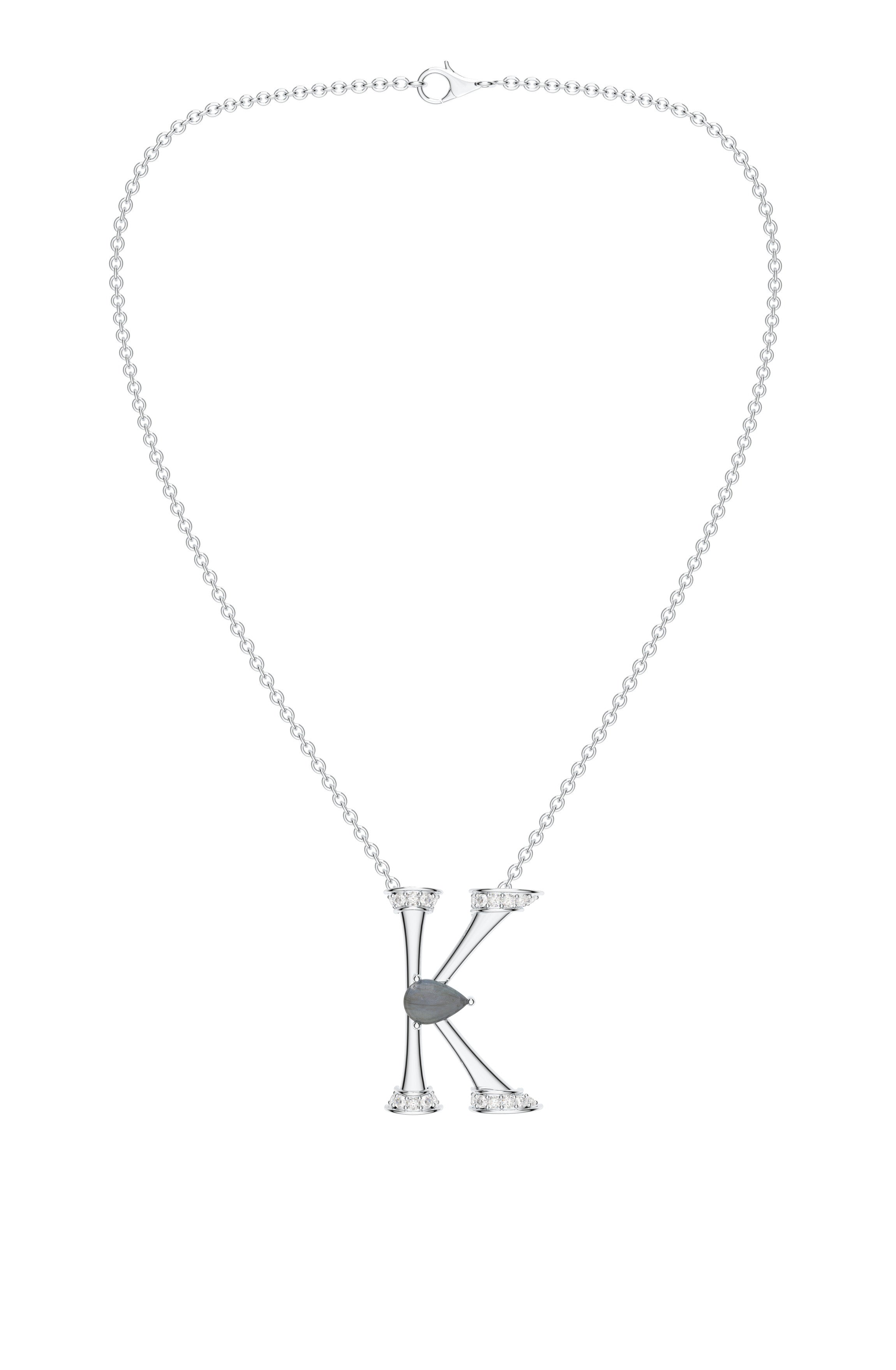 Signery ‘K’ Initial Pendant – Labradorite Moissanite & Rhodium Plated