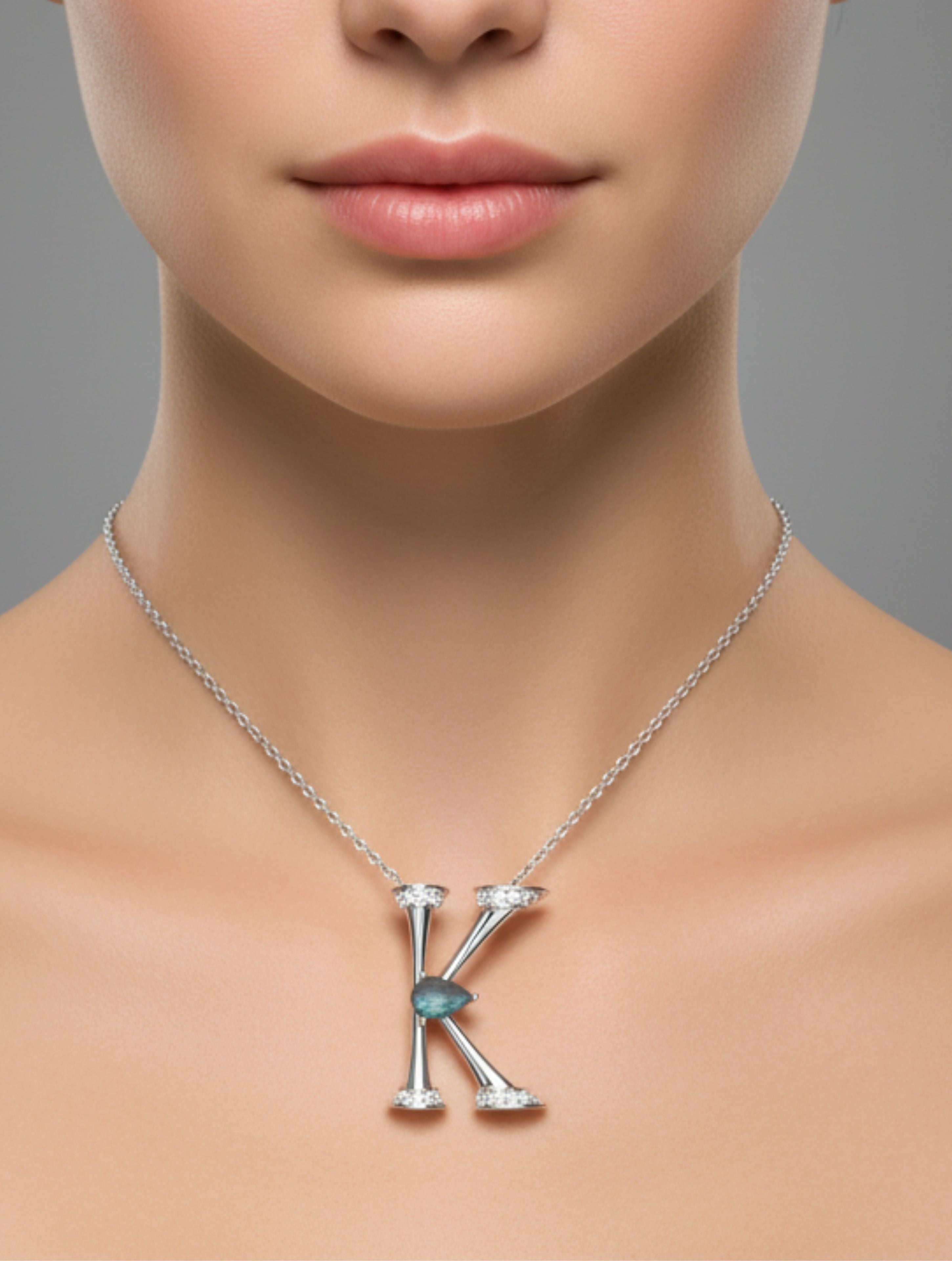 Signery ‘K’ Initial Pendant – Labradorite Moissanite & Rhodium Plated