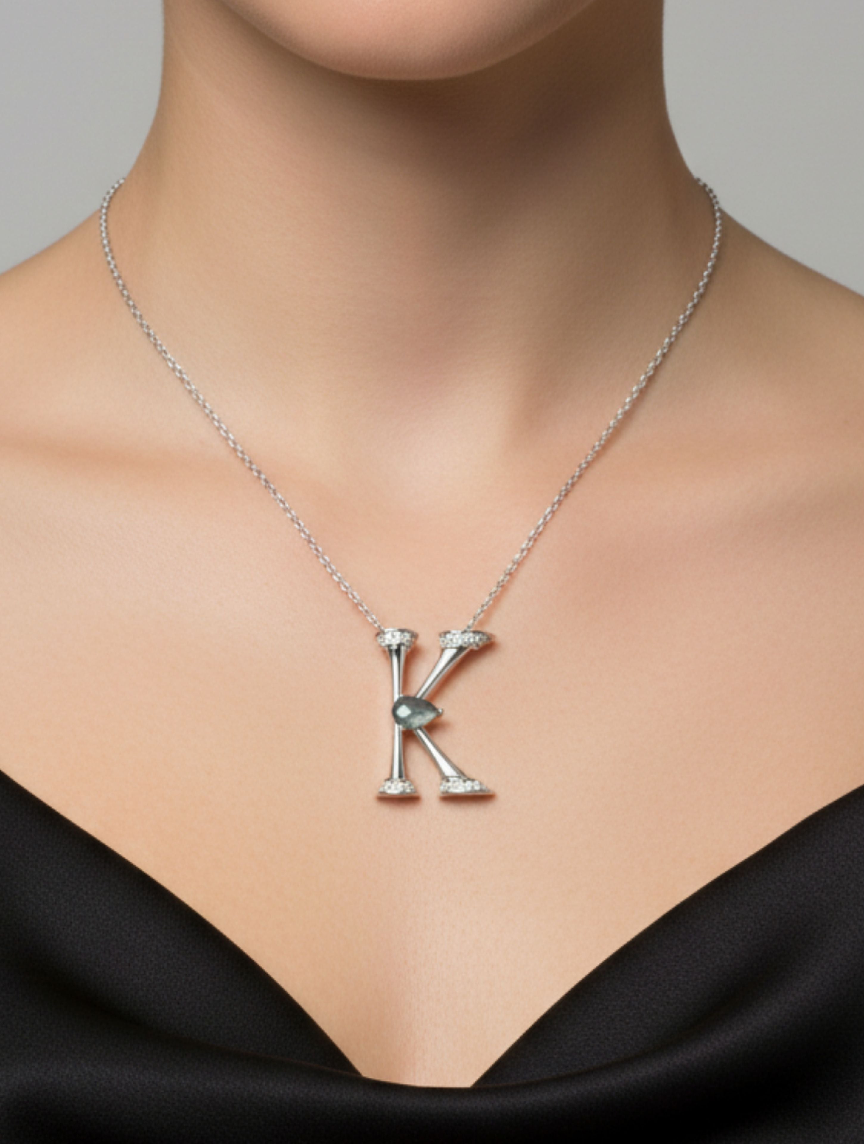 Signery ‘K’ Initial Pendant – Labradorite Moissanite & Rhodium Plated