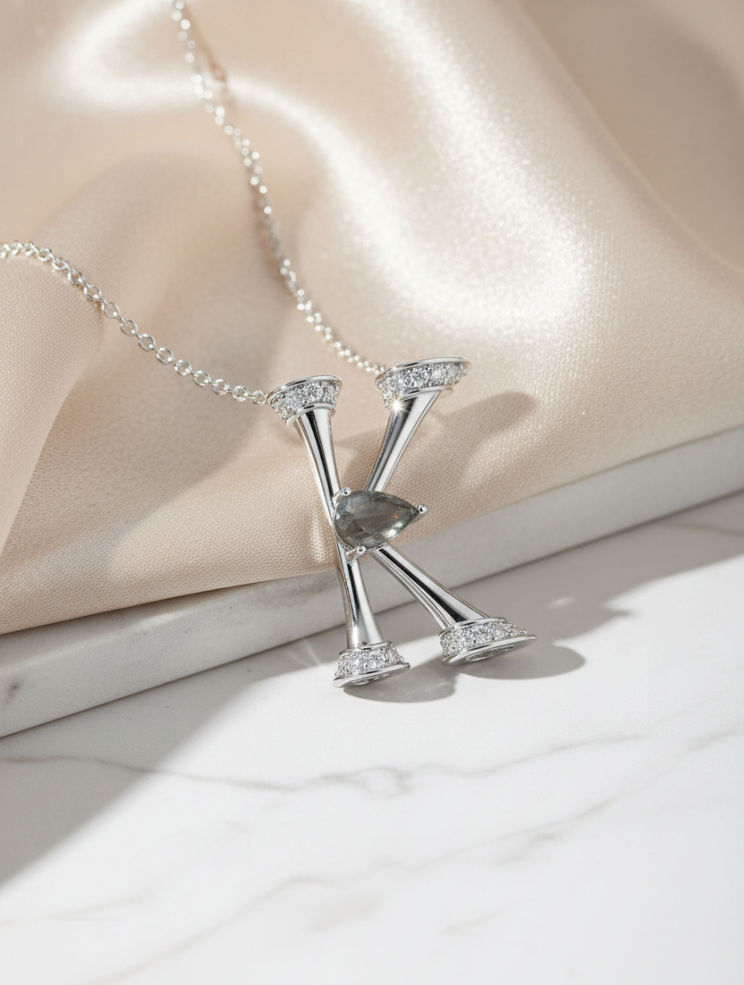 Signery ‘K’ Initial Pendant – Labradorite Moissanite & Rhodium Plated