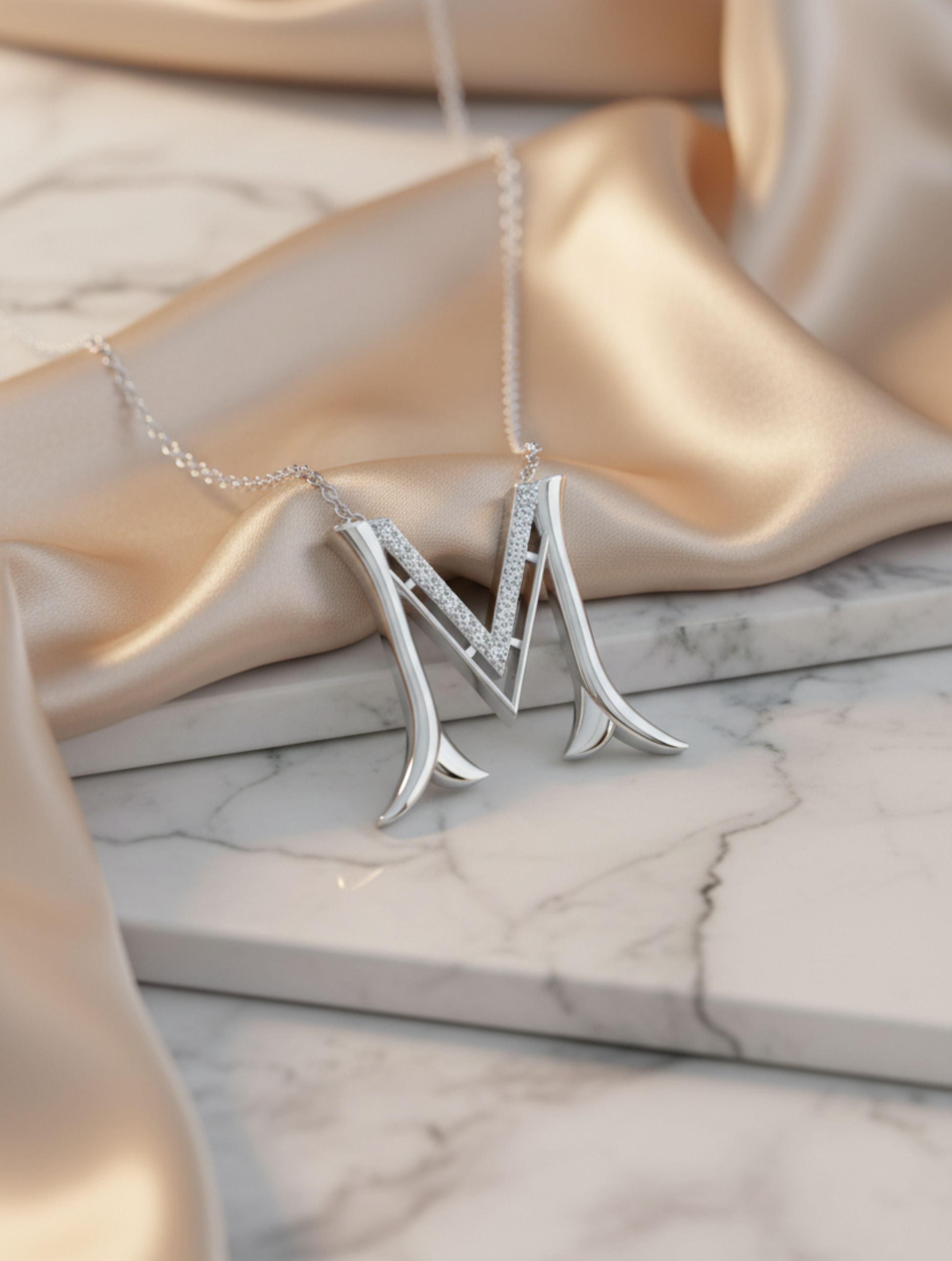 Signery ‘M’ Initial Pendant – Moissanite & Rhodium Plated