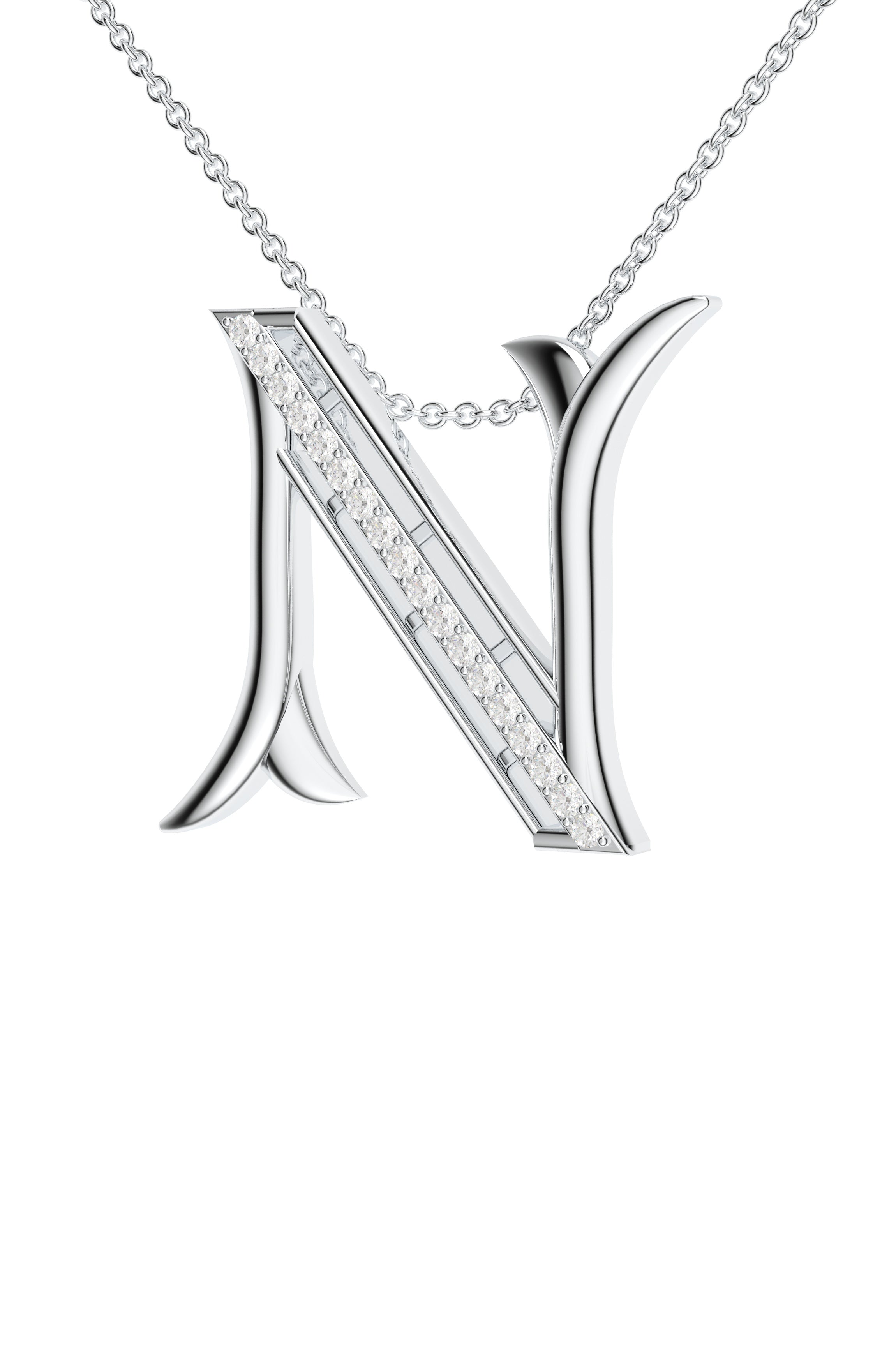 Signery ‘N’ Initial Pendant – Moissanite & Rhodium Plated