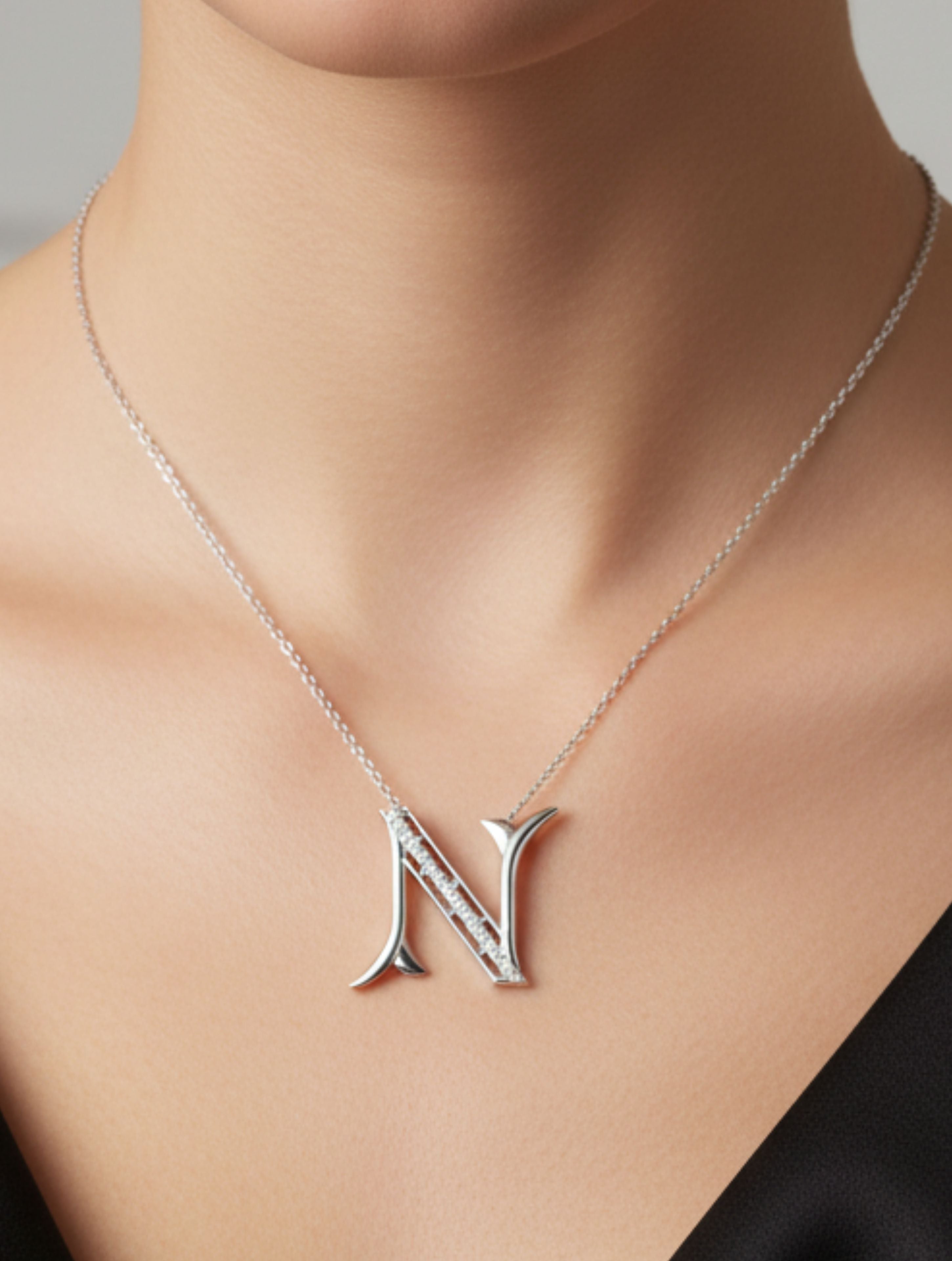 Signery ‘N’ Initial Pendant – Moissanite & Rhodium Plated