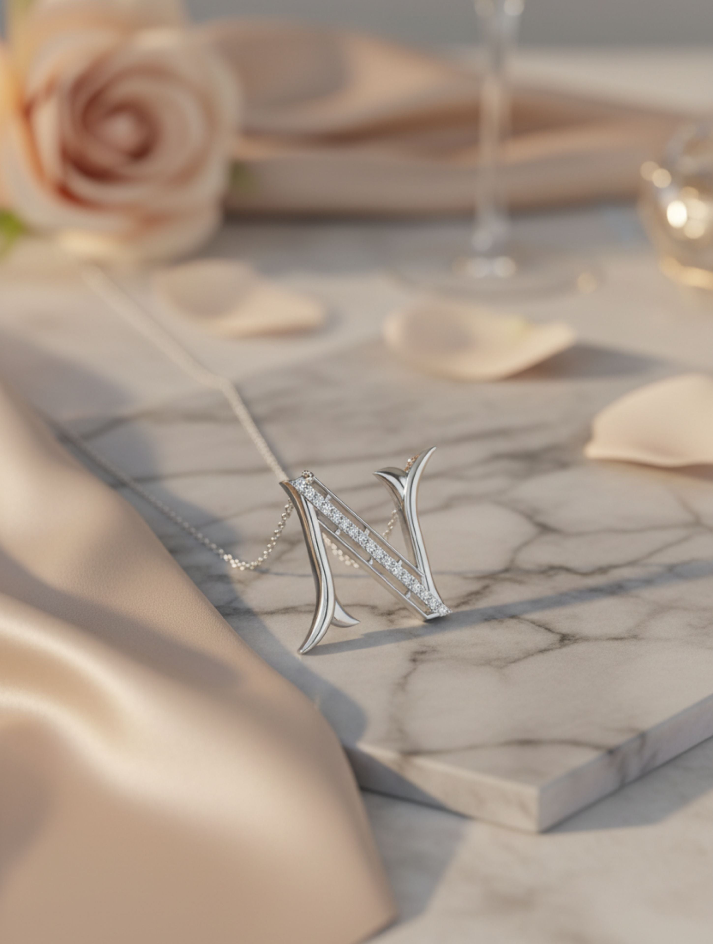 Signery ‘N’ Initial Pendant – Moissanite & Rhodium Plated