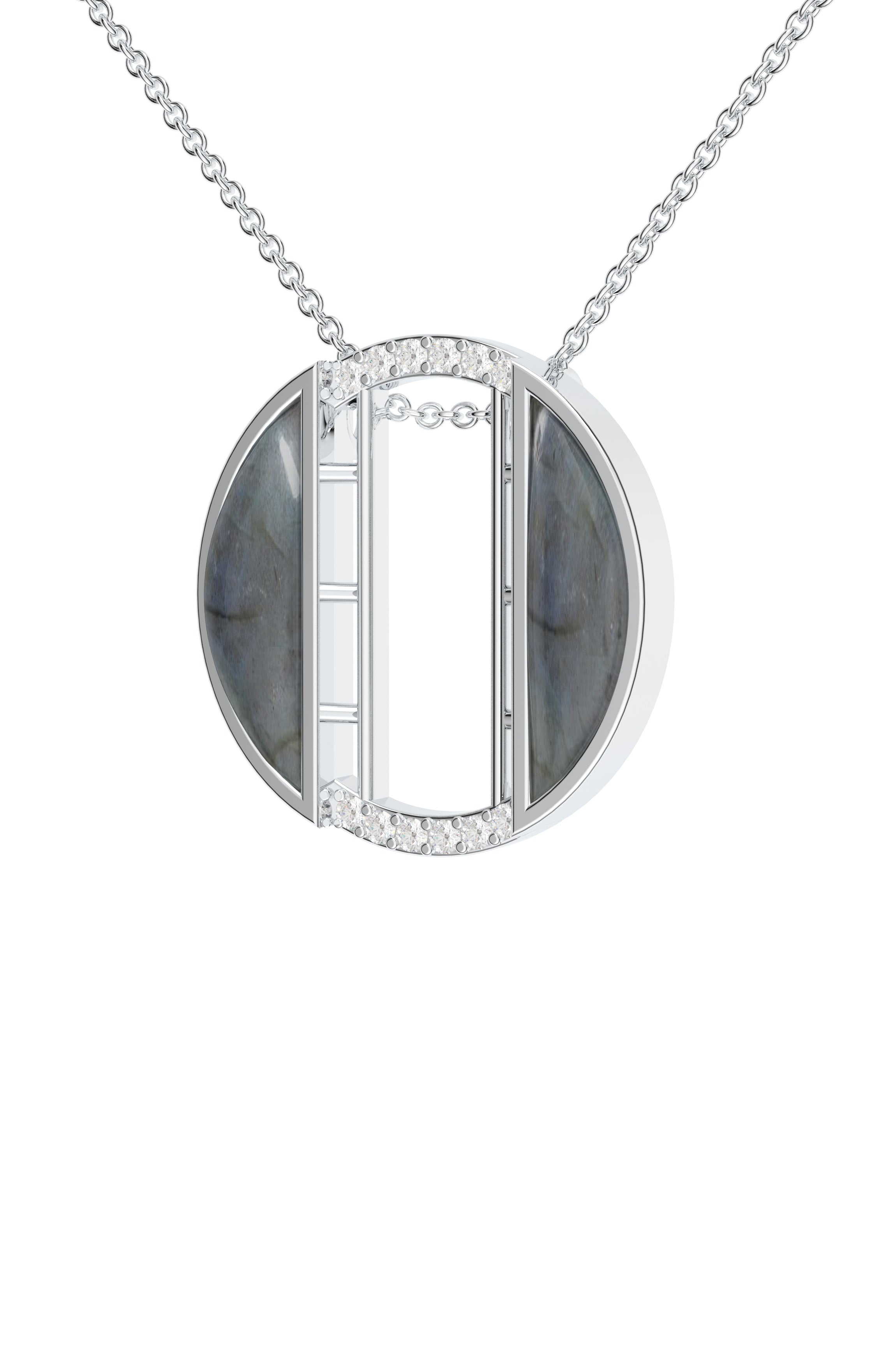 Signery ‘O’ Initial Pendant – Labradorite Moissanite & Rhodium Plated