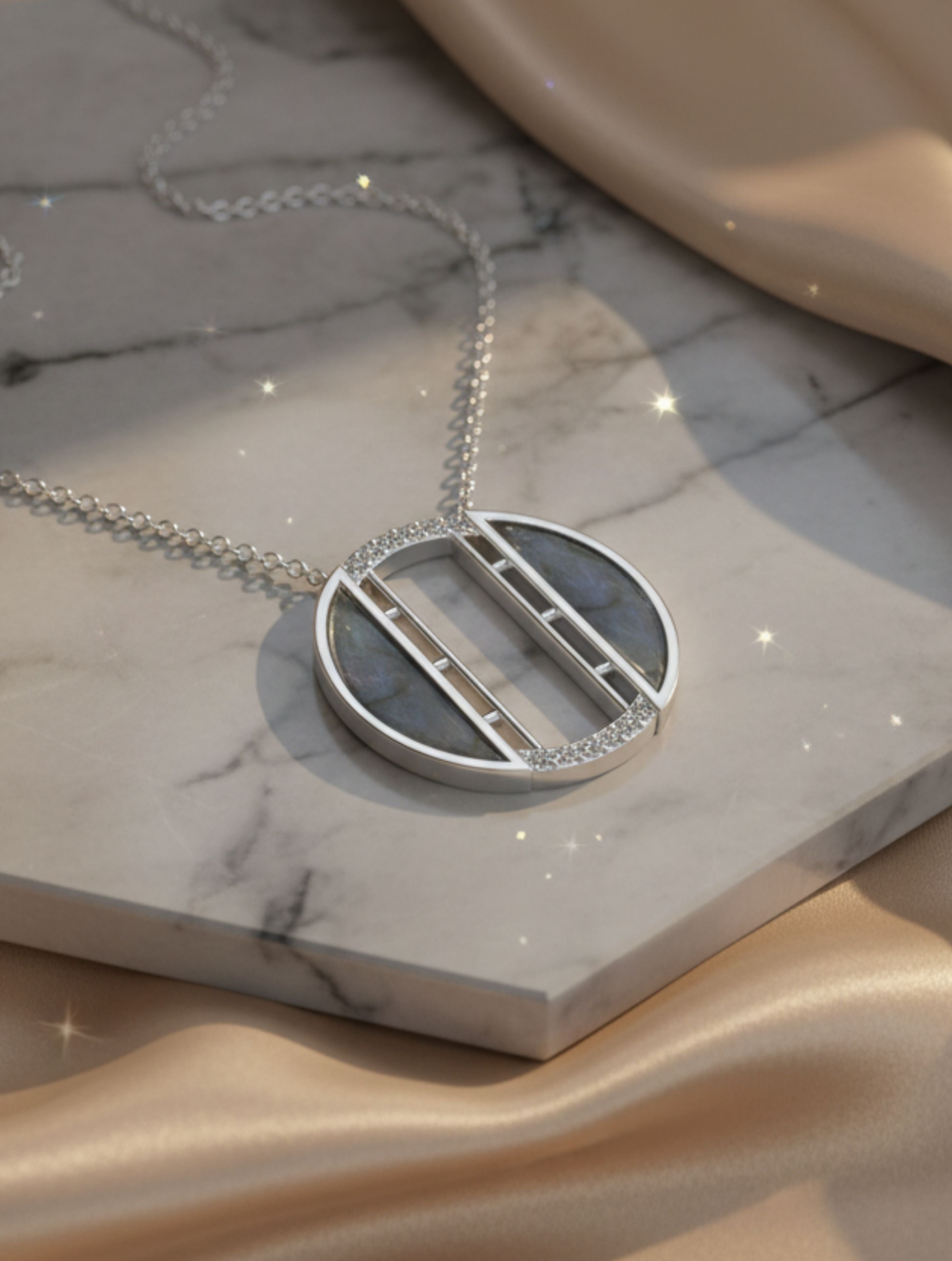 Signery ‘O’ Initial Pendant – Labradorite Moissanite & Rhodium Plated