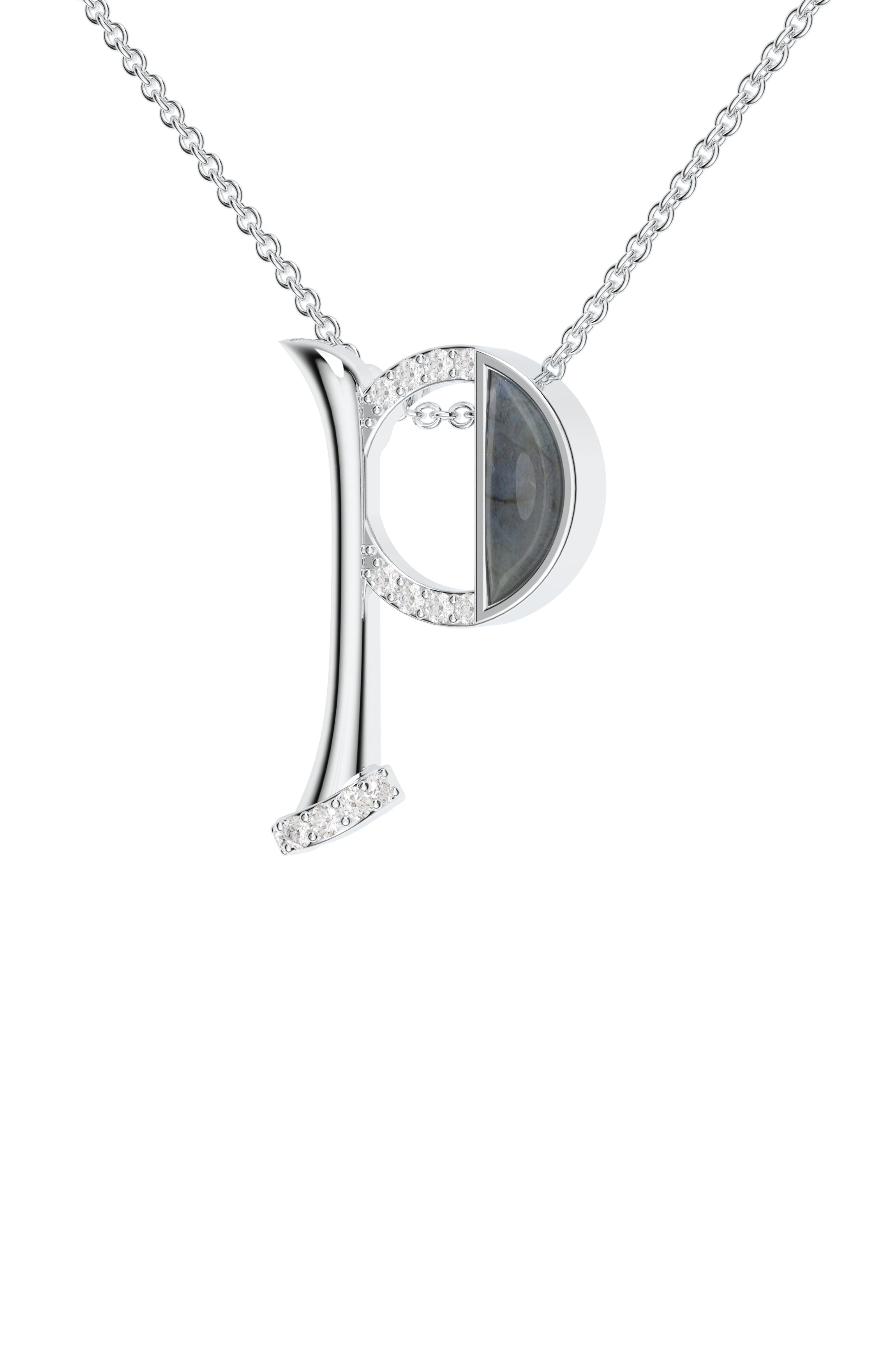 Signery ‘P’ Initial Pendant – Labradorite Moissanite & Rhodium Plated