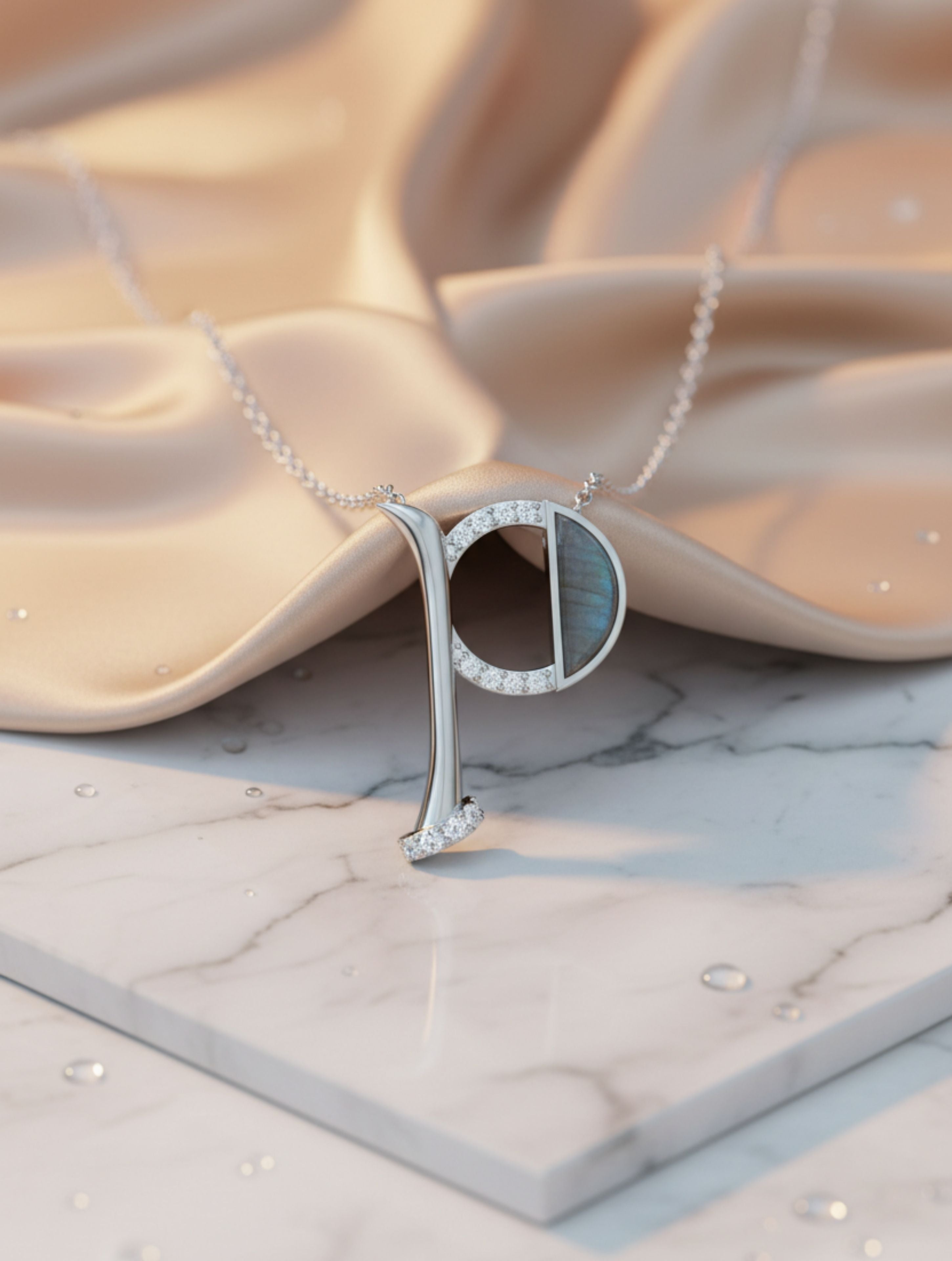 Signery ‘P’ Initial Pendant – Labradorite Moissanite & Rhodium Plated