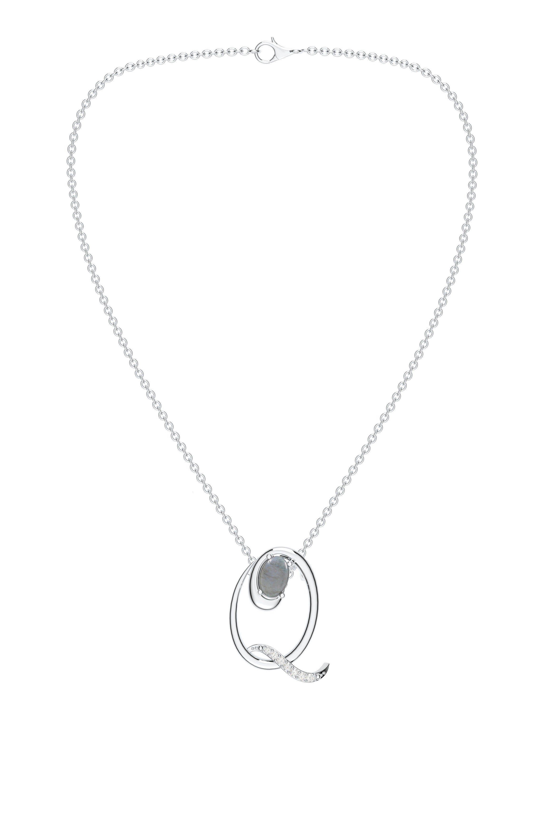 Signery ‘Q’ Initial Pendant – Labradorite Moissanite & Rhodium Plated