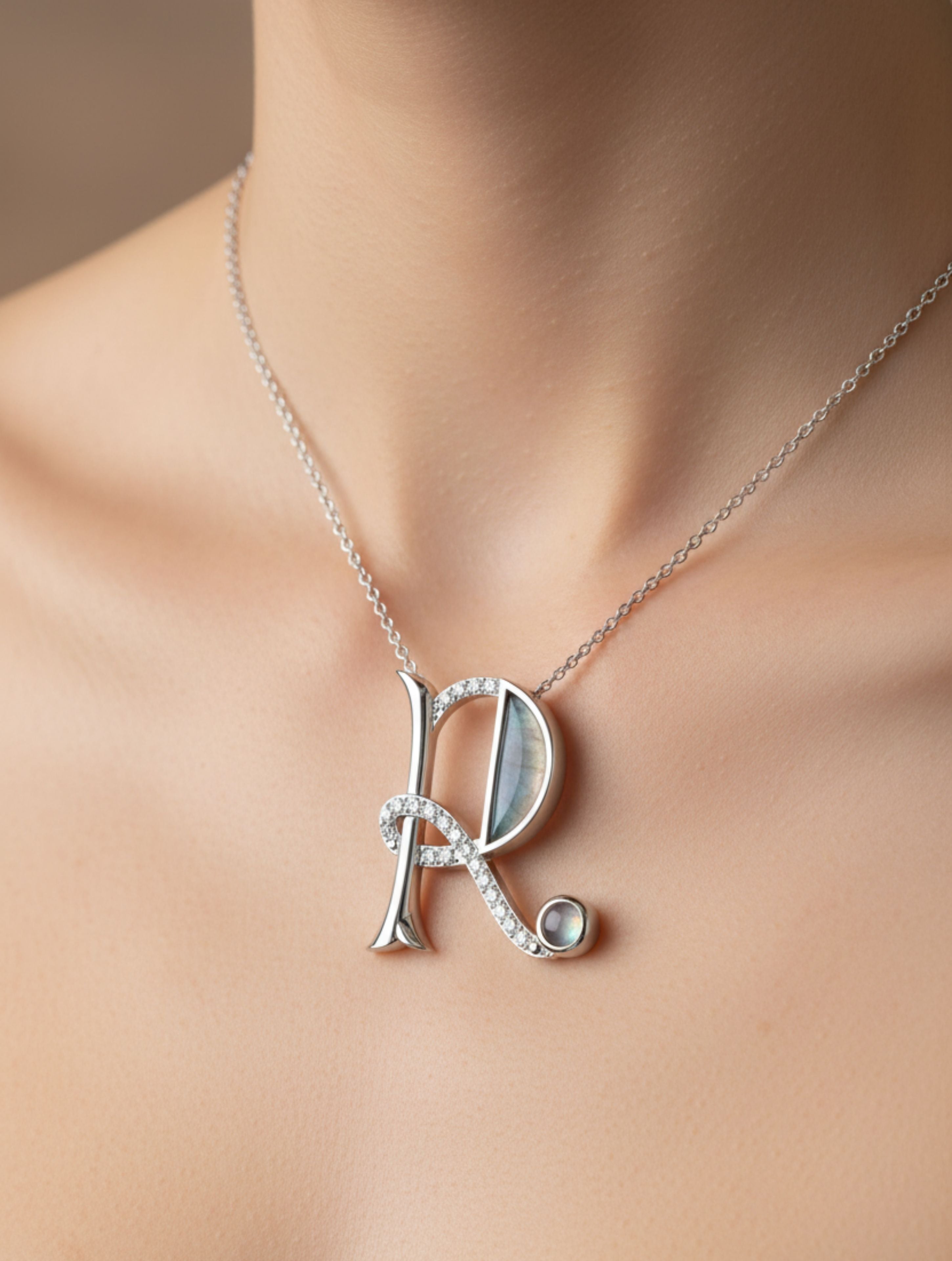 Signery ‘R’ Initial Pendant – Labradorite Moissanite & Rhodium Plated