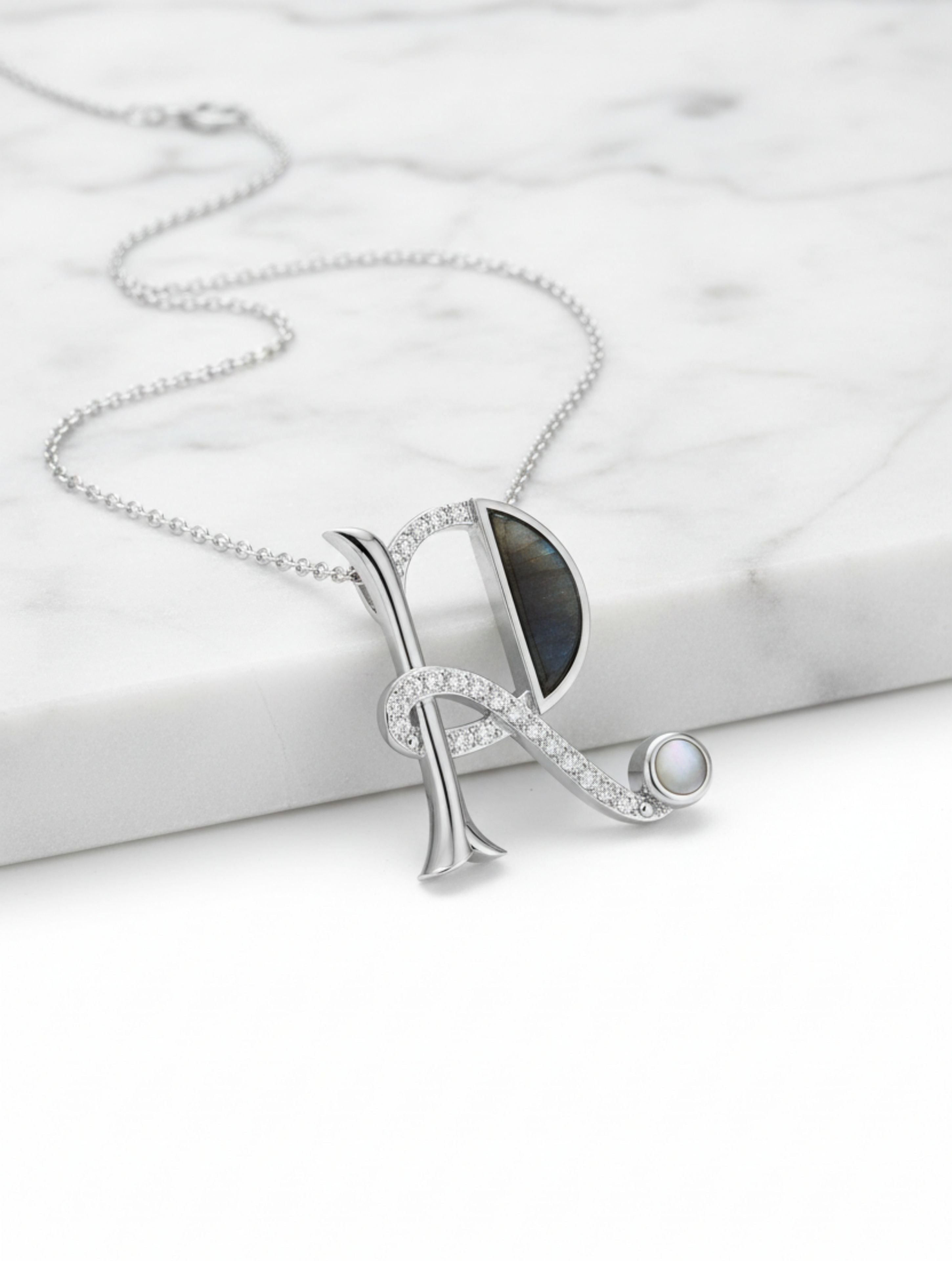 Signery ‘R’ Initial Pendant – Labradorite Moissanite & Rhodium Plated