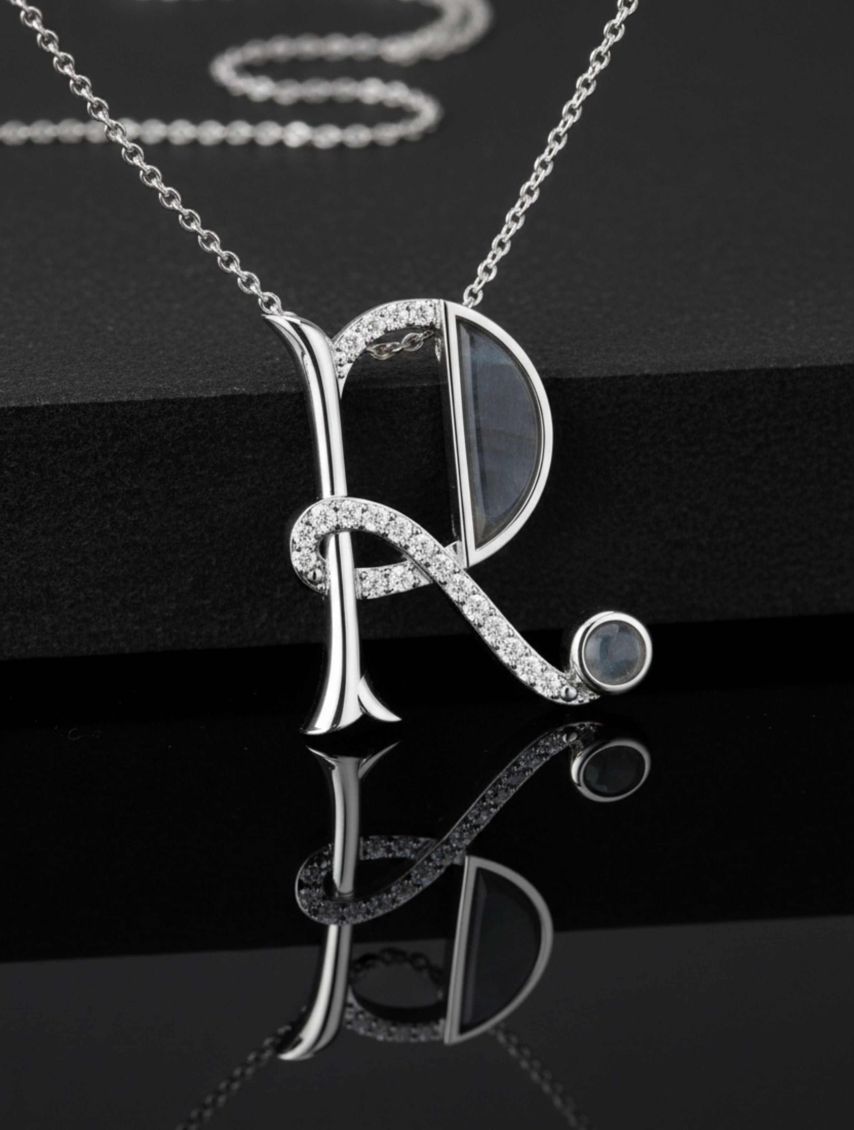 Signery ‘R’ Initial Pendant – Labradorite Moissanite & Rhodium Plated