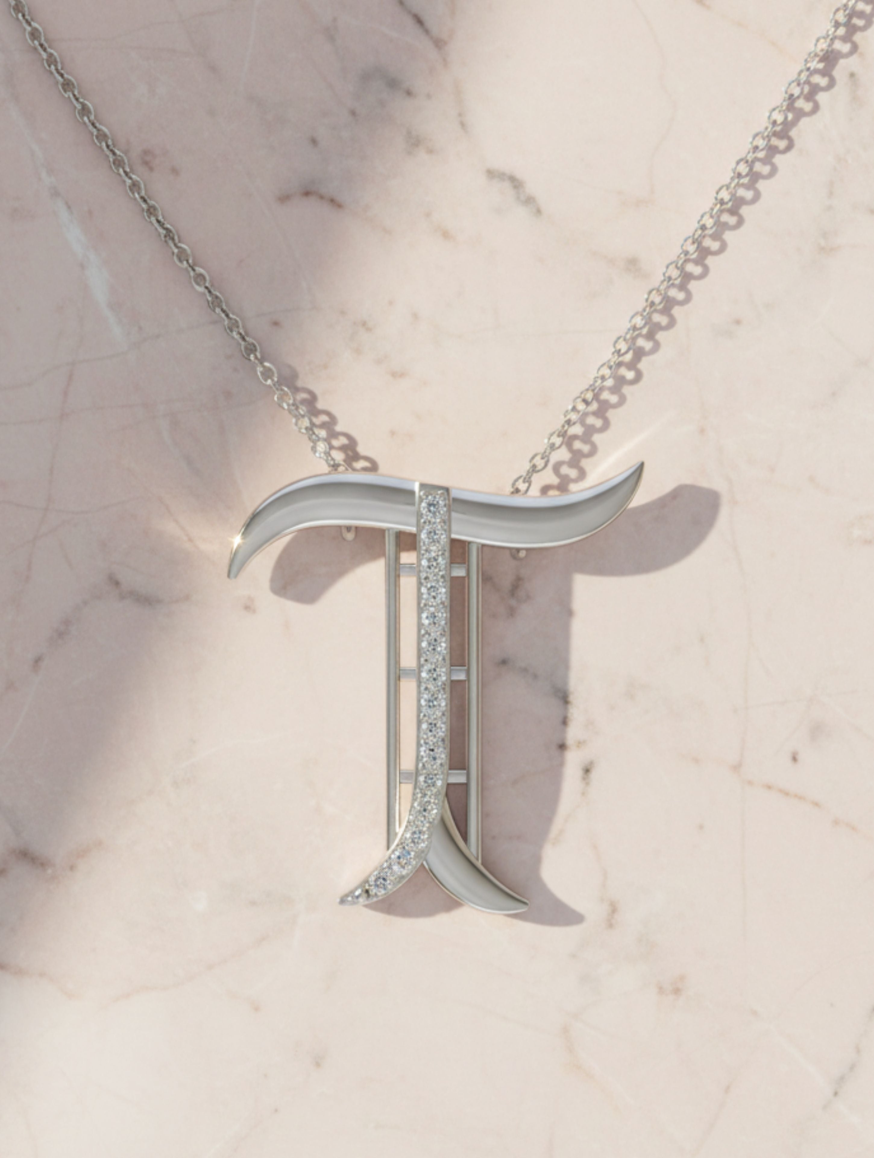Signery ‘T’ Initial Pendant – Moissanite & Rhodium Plated