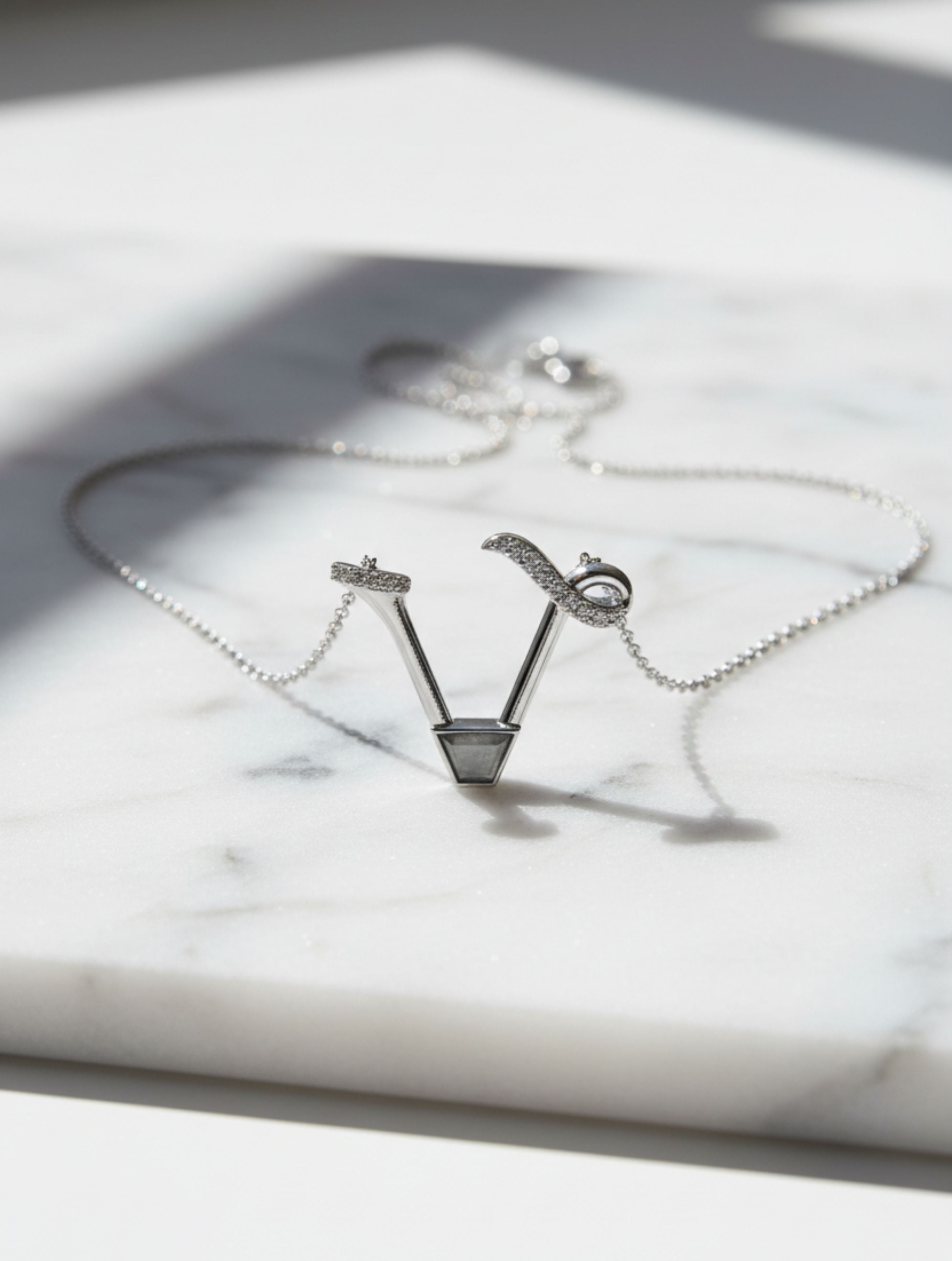 Signery ‘V’ Initial Pendant – Labradorite Moissanite & Rhodium Plated