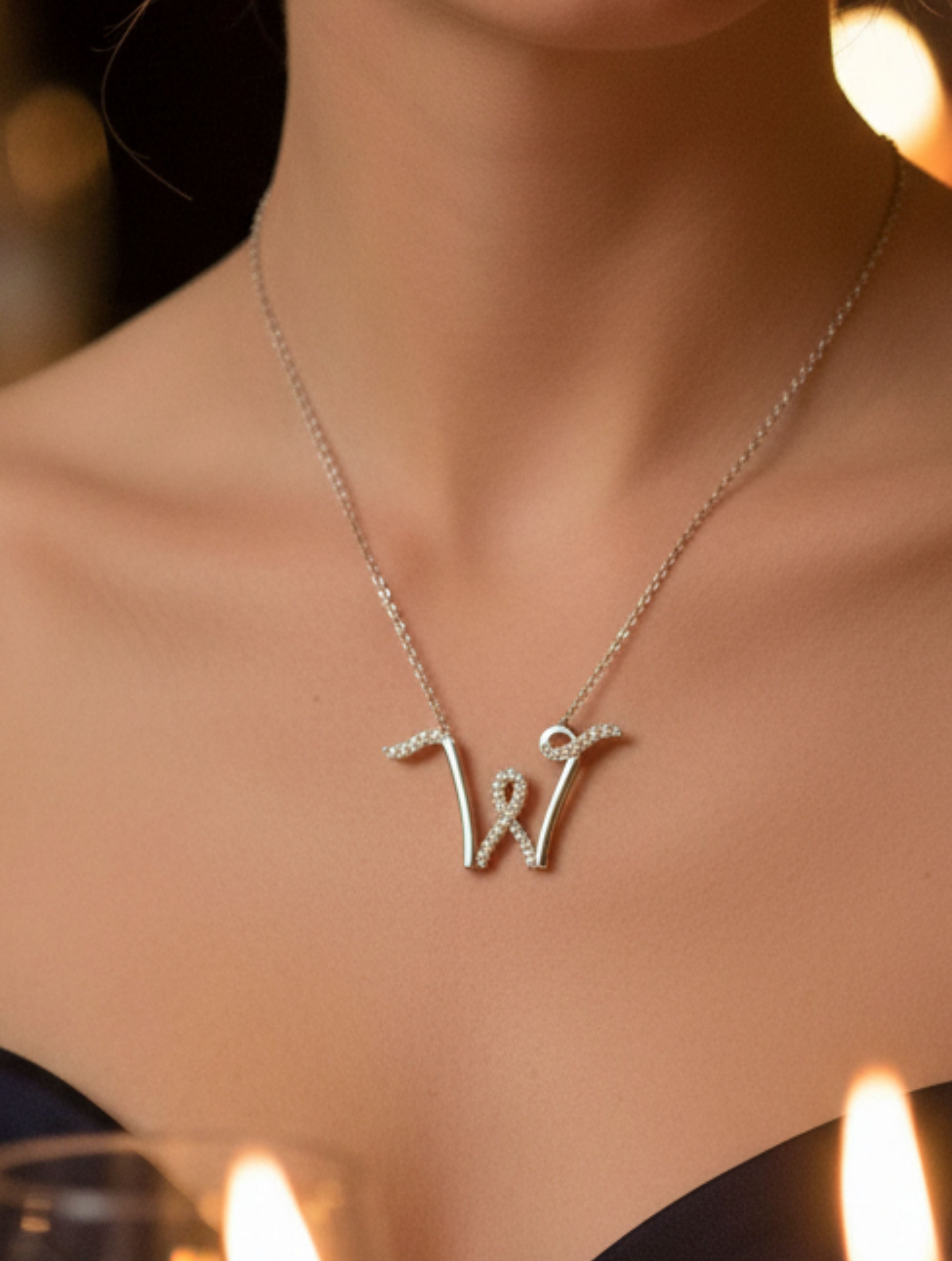 Signery ‘W’ Initial Pendant – Moissanite & Rhodium Plated