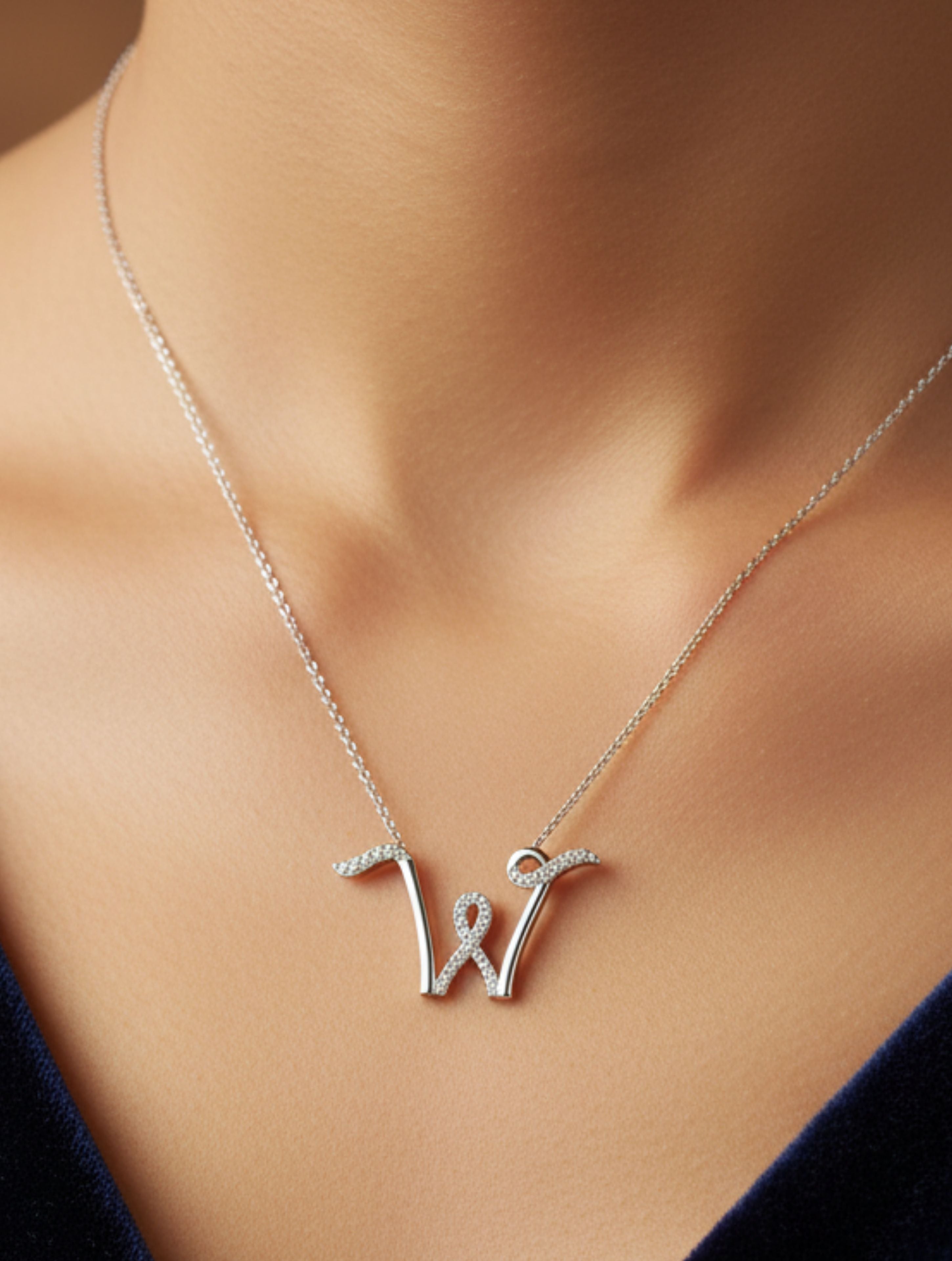 Signery ‘W’ Initial Pendant – Moissanite & Rhodium Plated