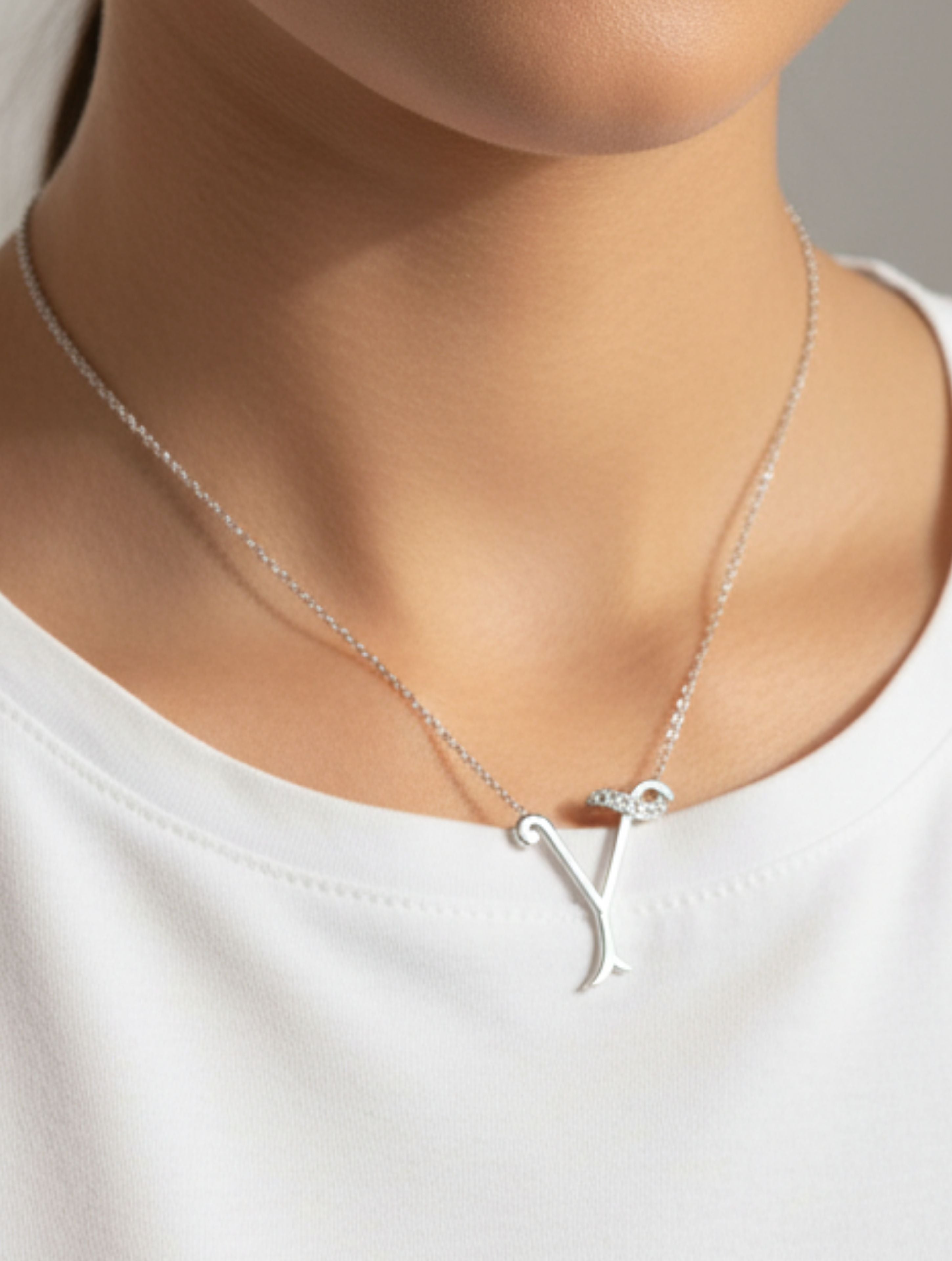 Signery ‘Y’ Initial Pendant – Moissanite & Rhodium Plated