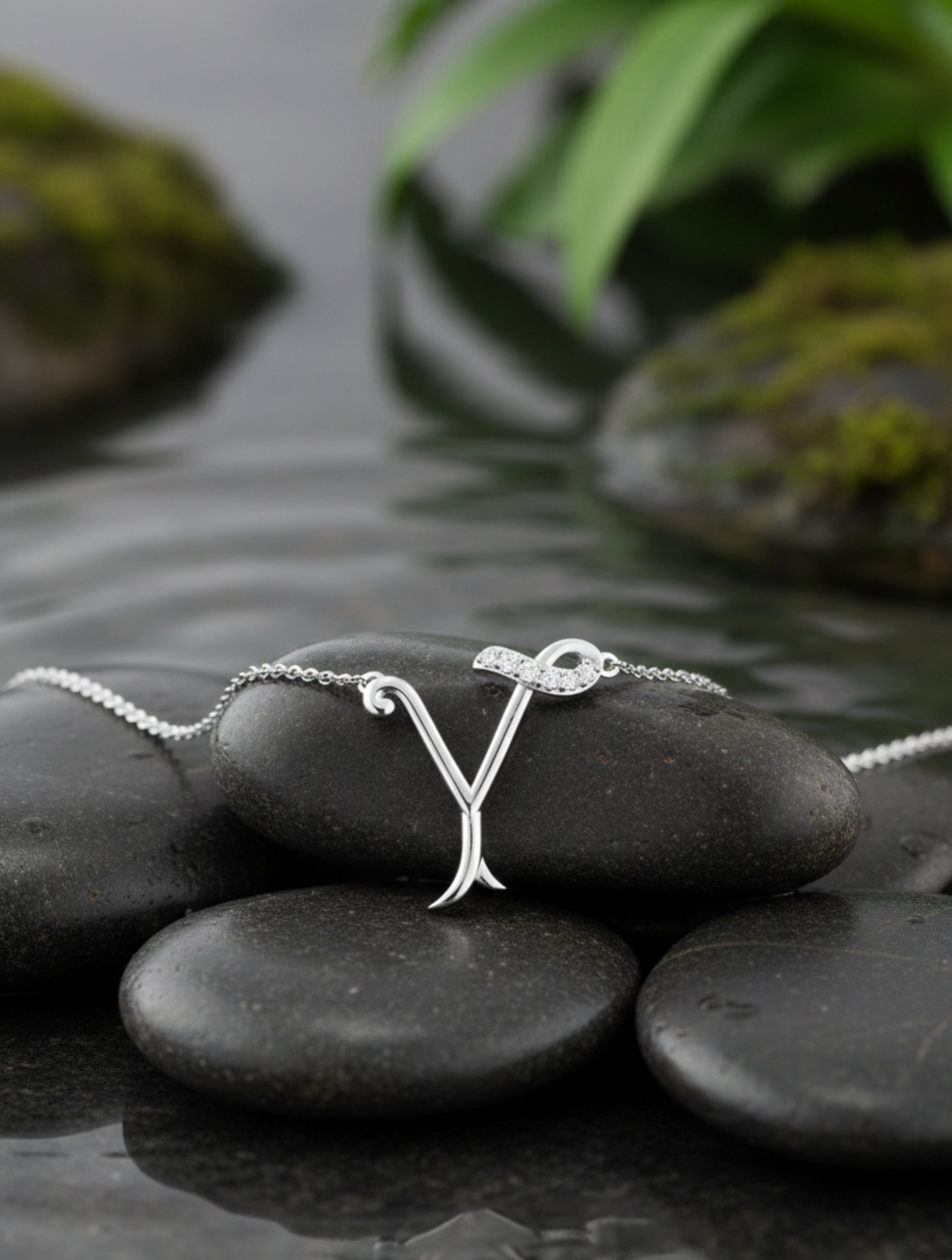 Signery ‘Y’ Initial Pendant – Moissanite & Rhodium Plated