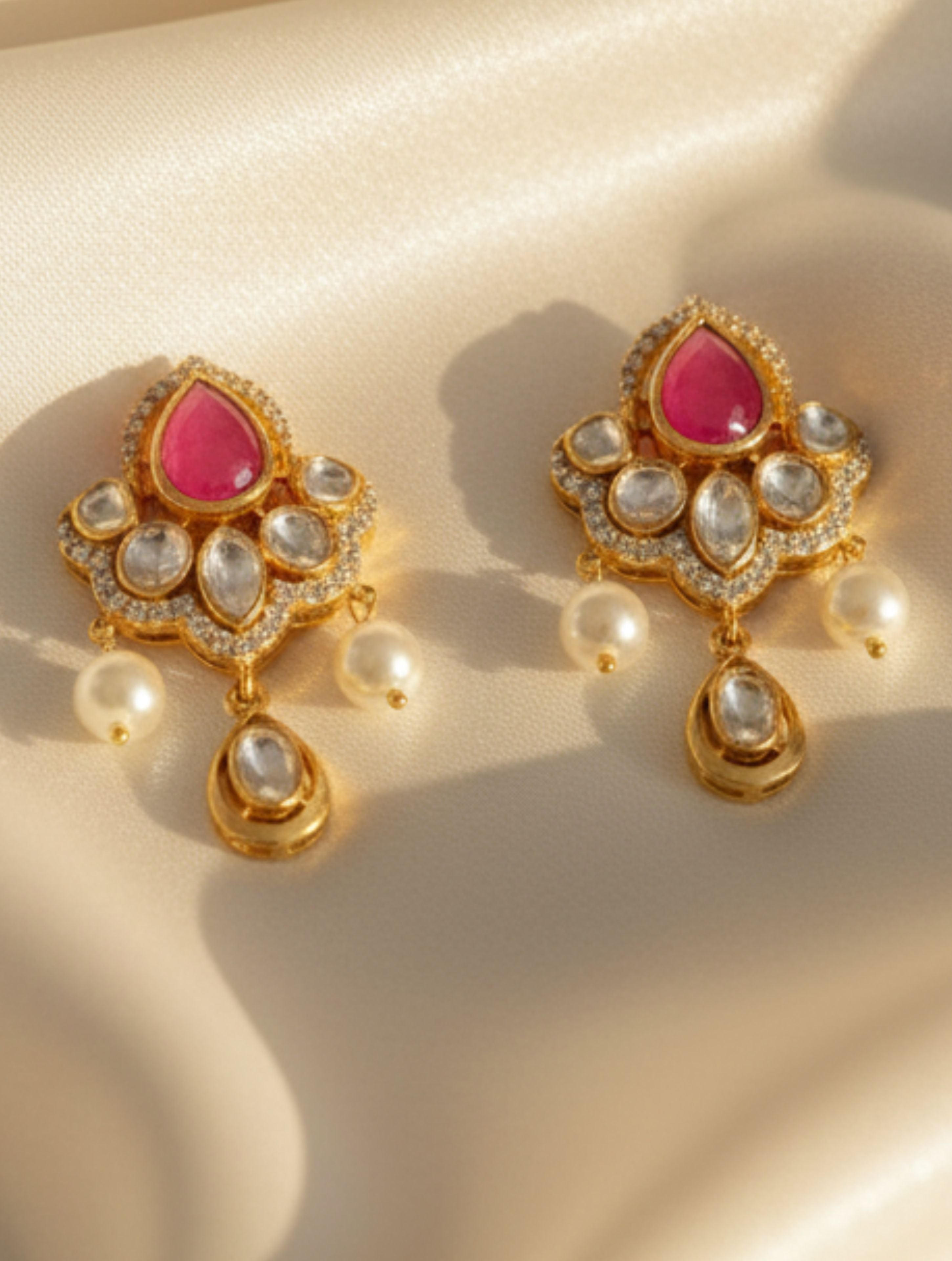 Red Quartz, Polki, & Pearl Sterling Silver Dangler Earrings