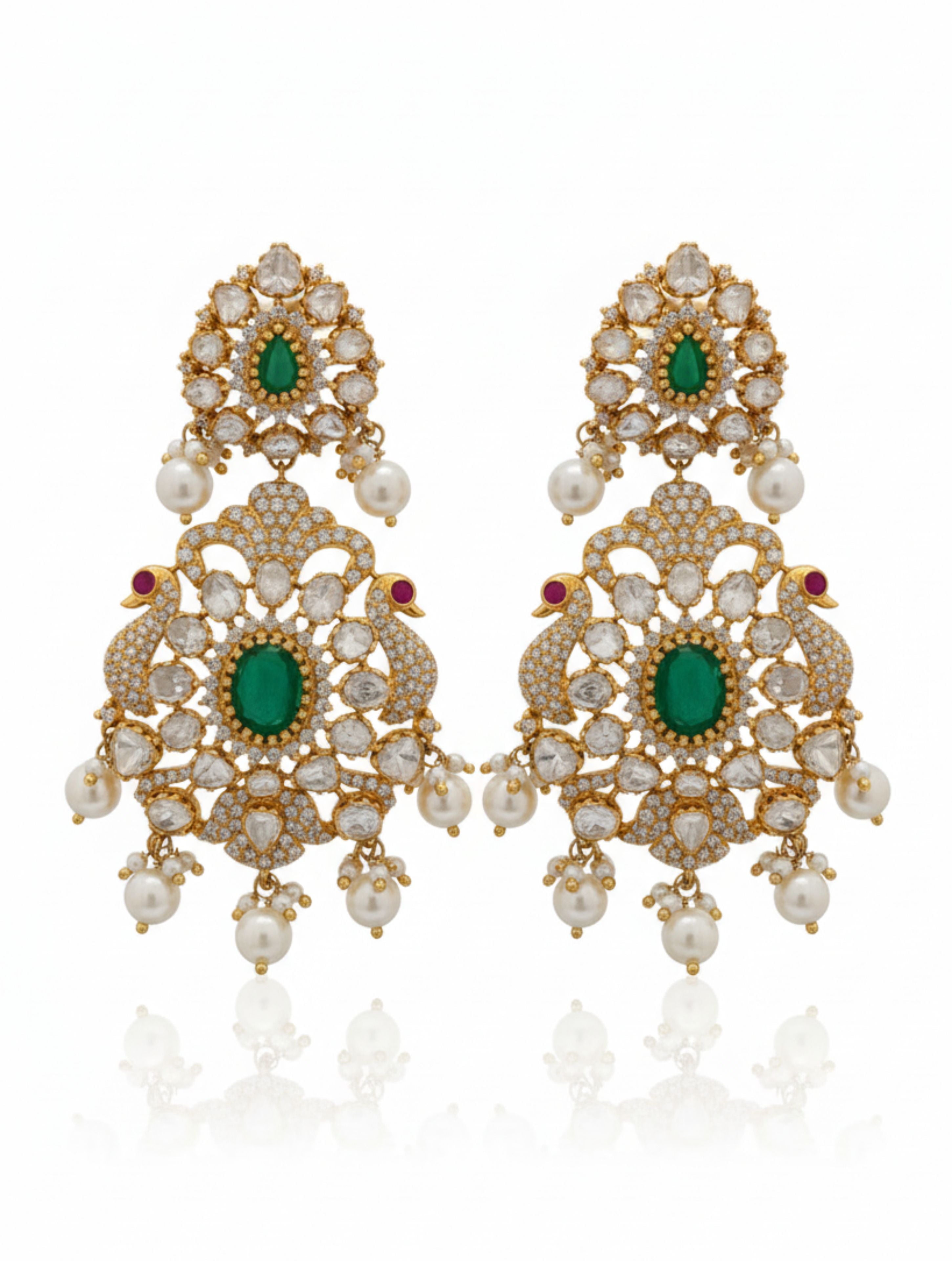 Gold-Plated Peacock & Floral Polki Moissanite Drop Earrings