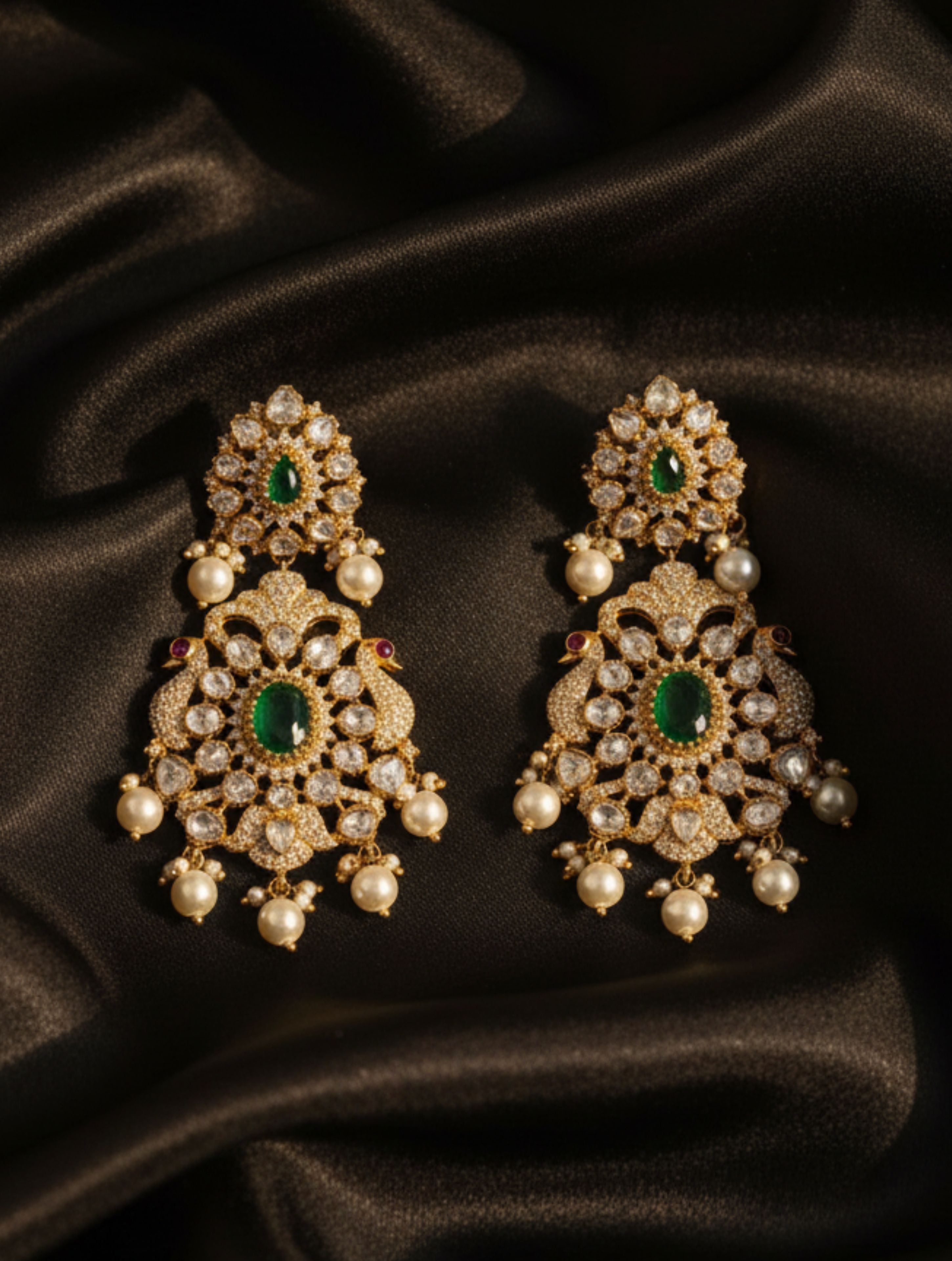 Gold-Plated Peacock & Floral Polki Moissanite Drop Earrings