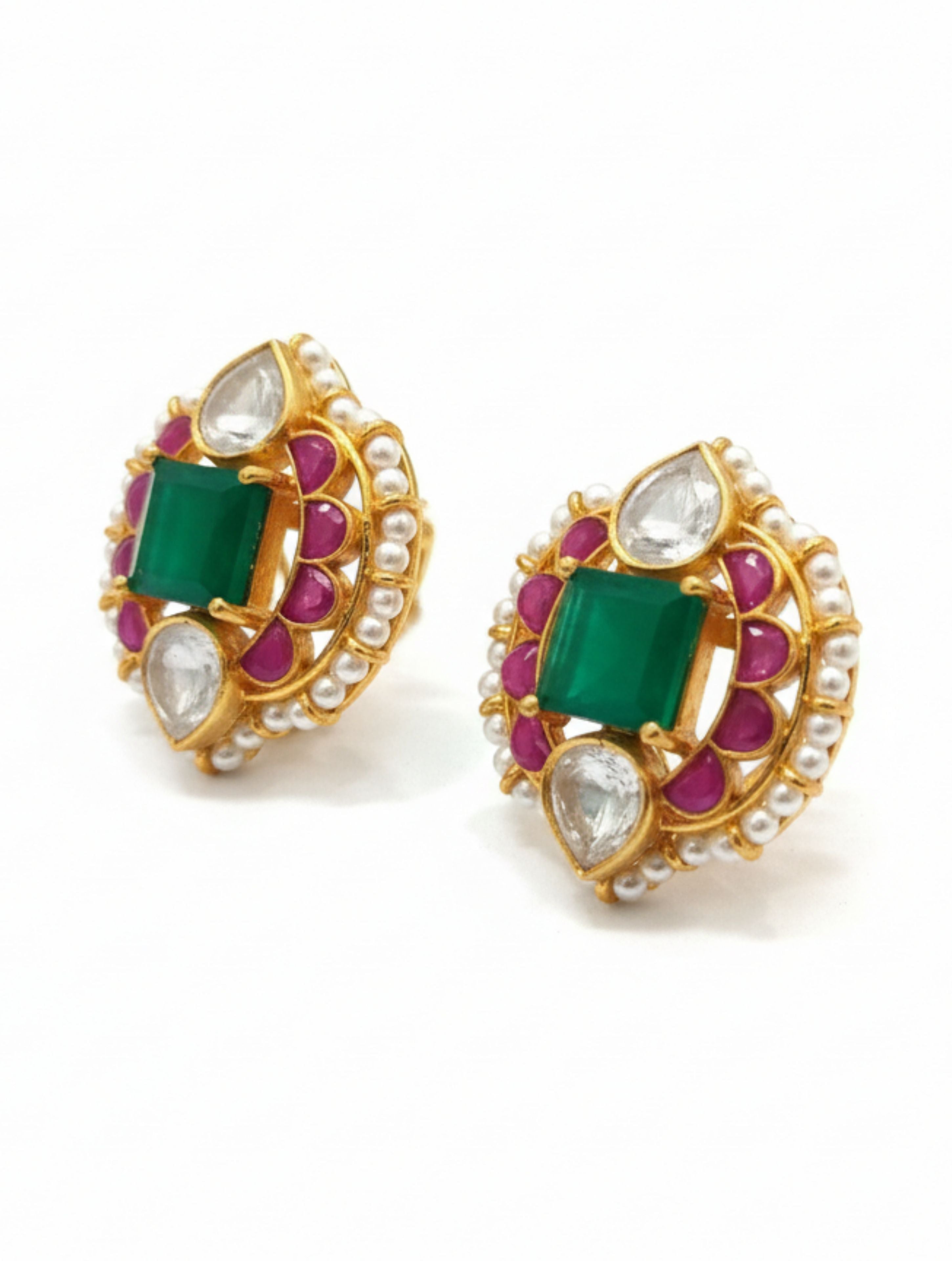 Sterling Silver Moissanite Polki & Green Onyx Statement Studs