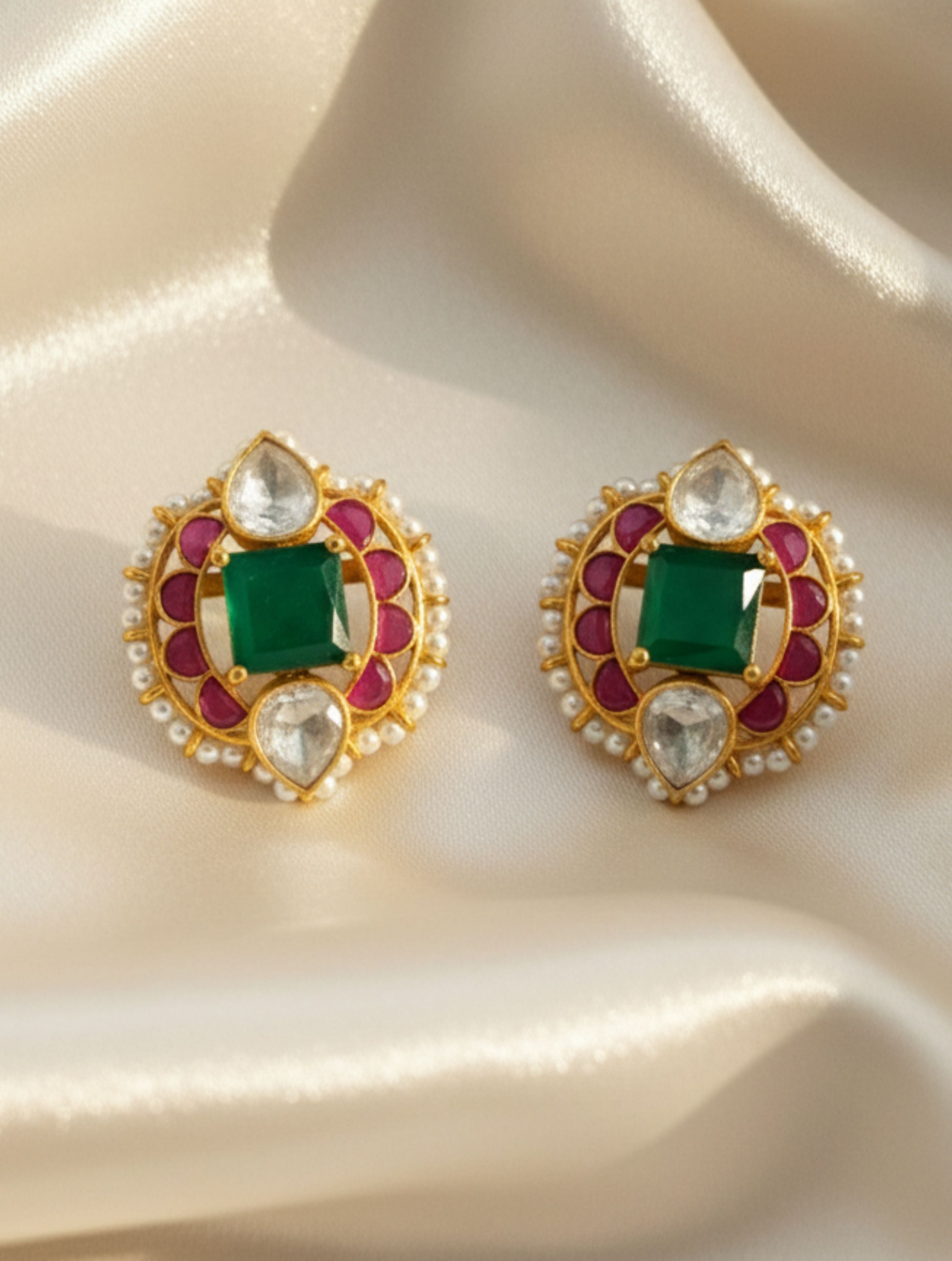 Sterling Silver Moissanite Polki & Green Onyx Statement Studs