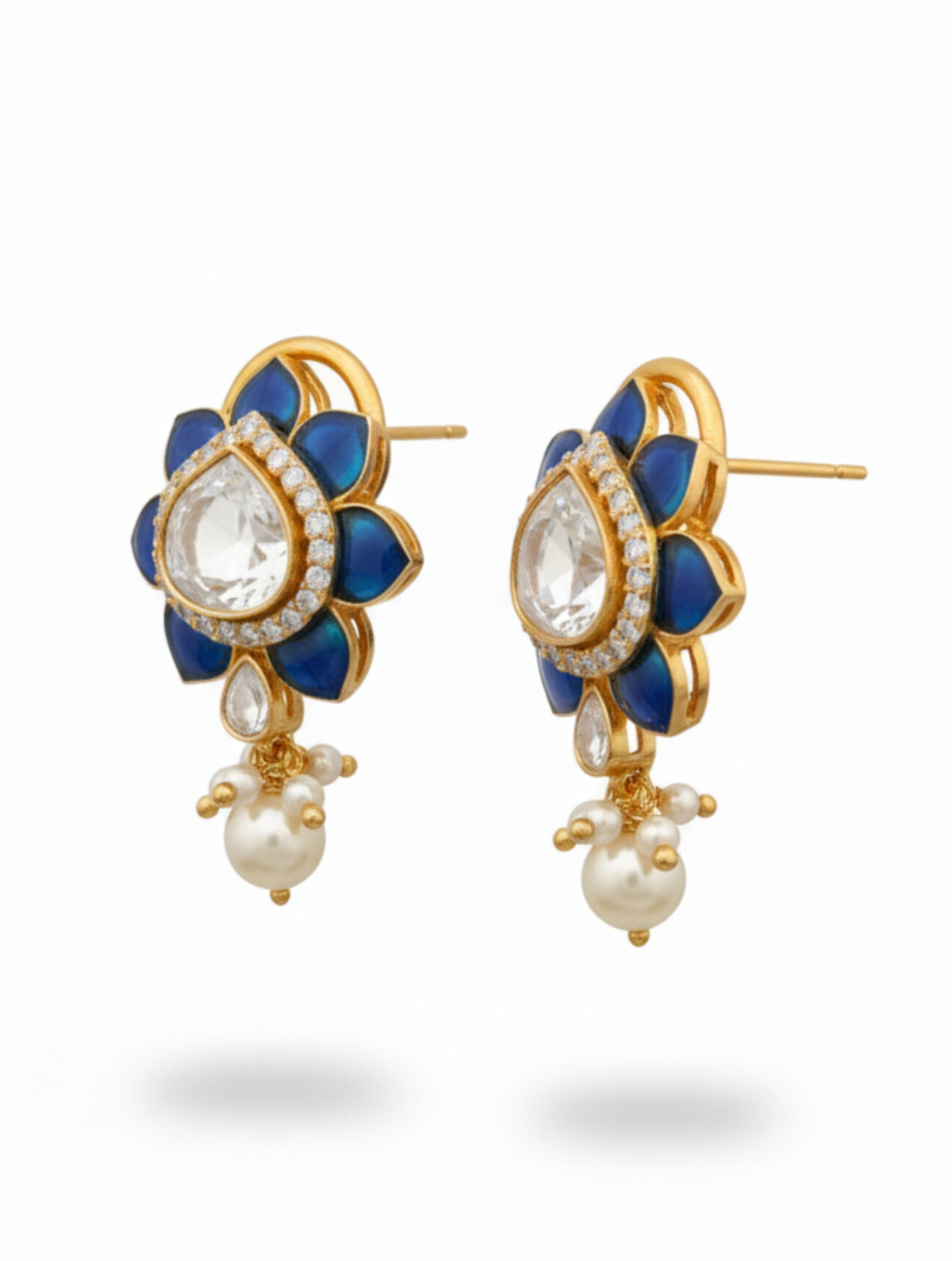 Sterling Silver Polki & Pearl Drop Earrings