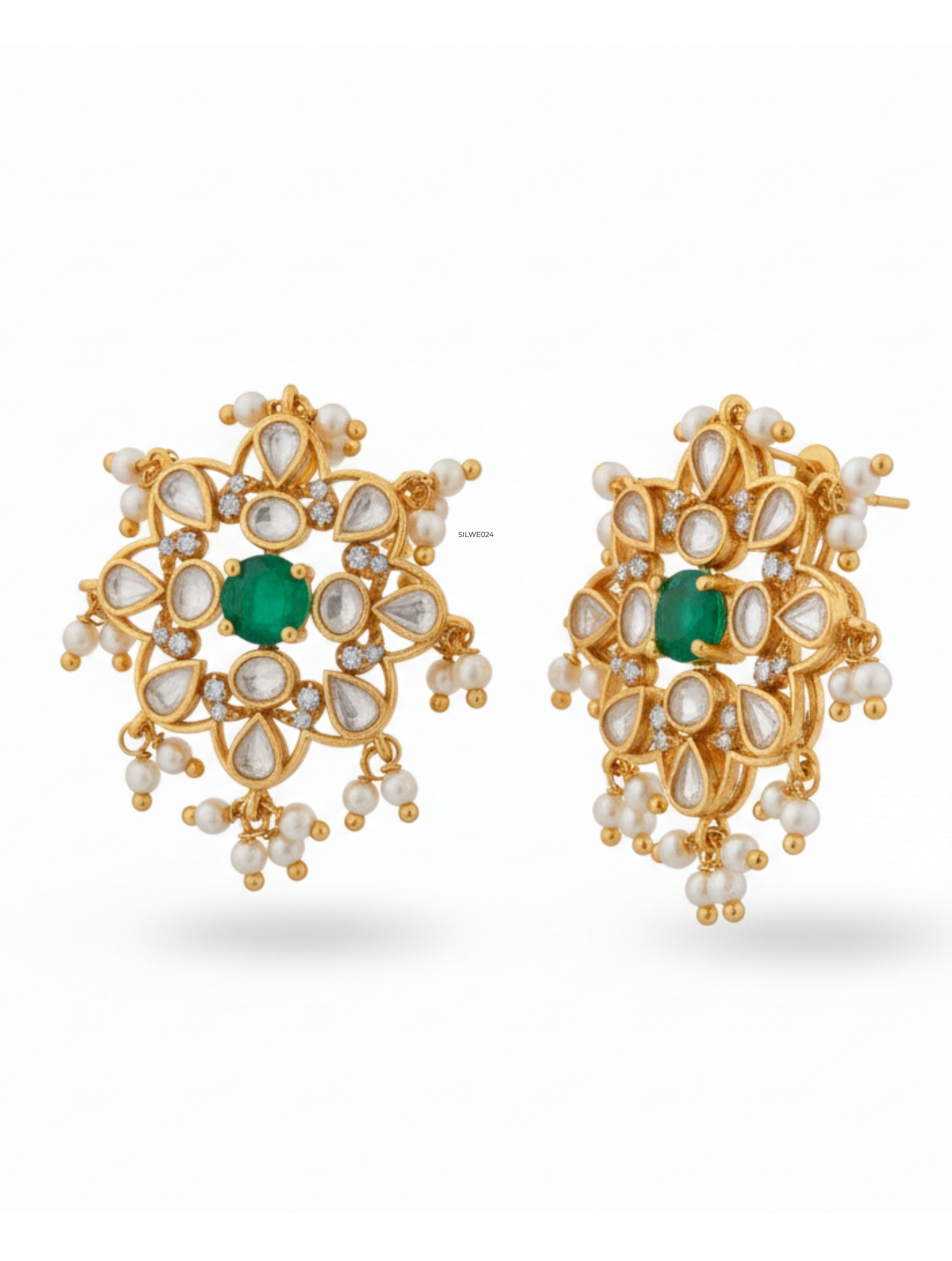 Silver Luxury Polki Moissanite Green Onyx Floral Studs