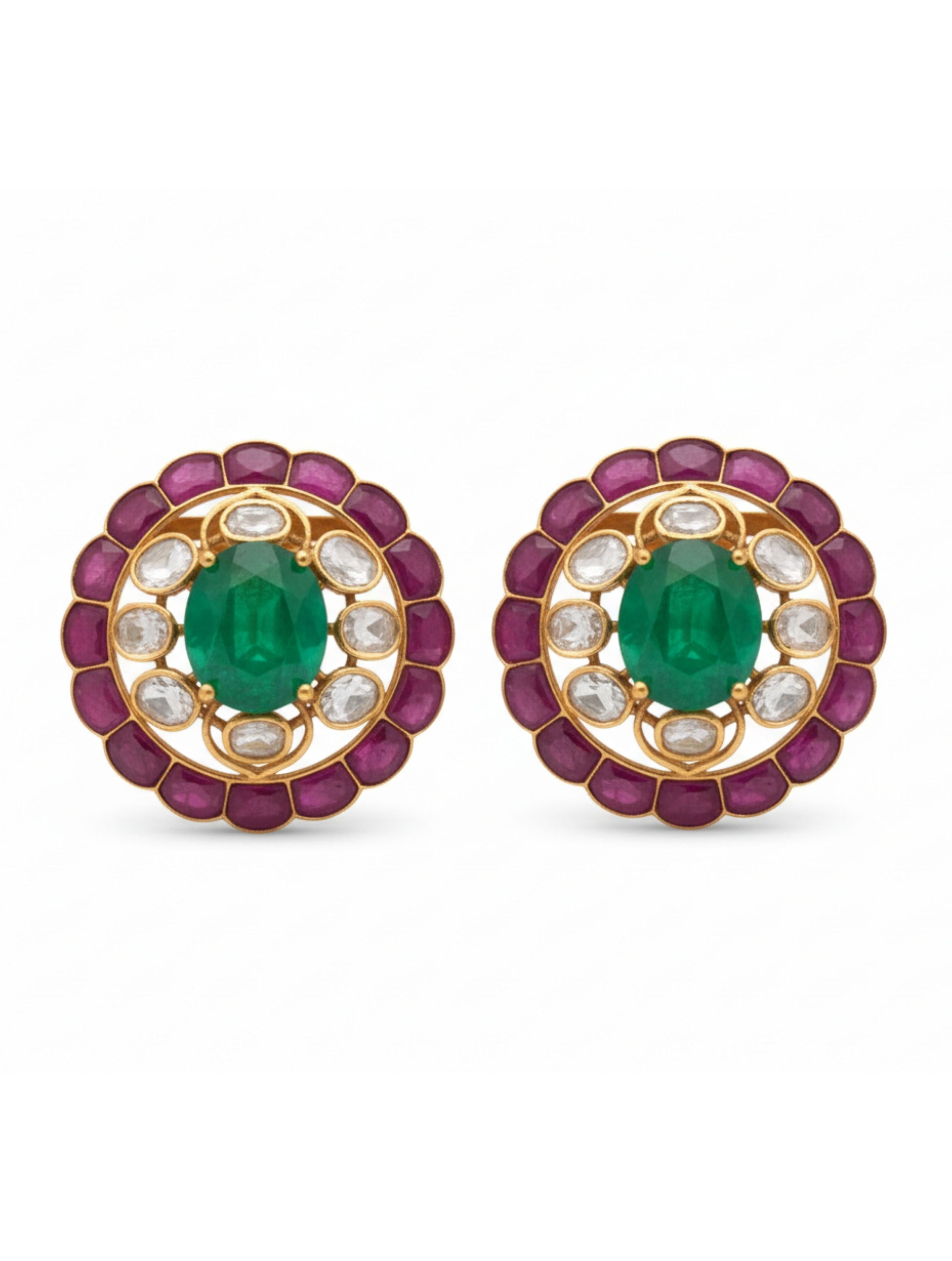 925 Silver Green Jade Polki Stud Earrings.