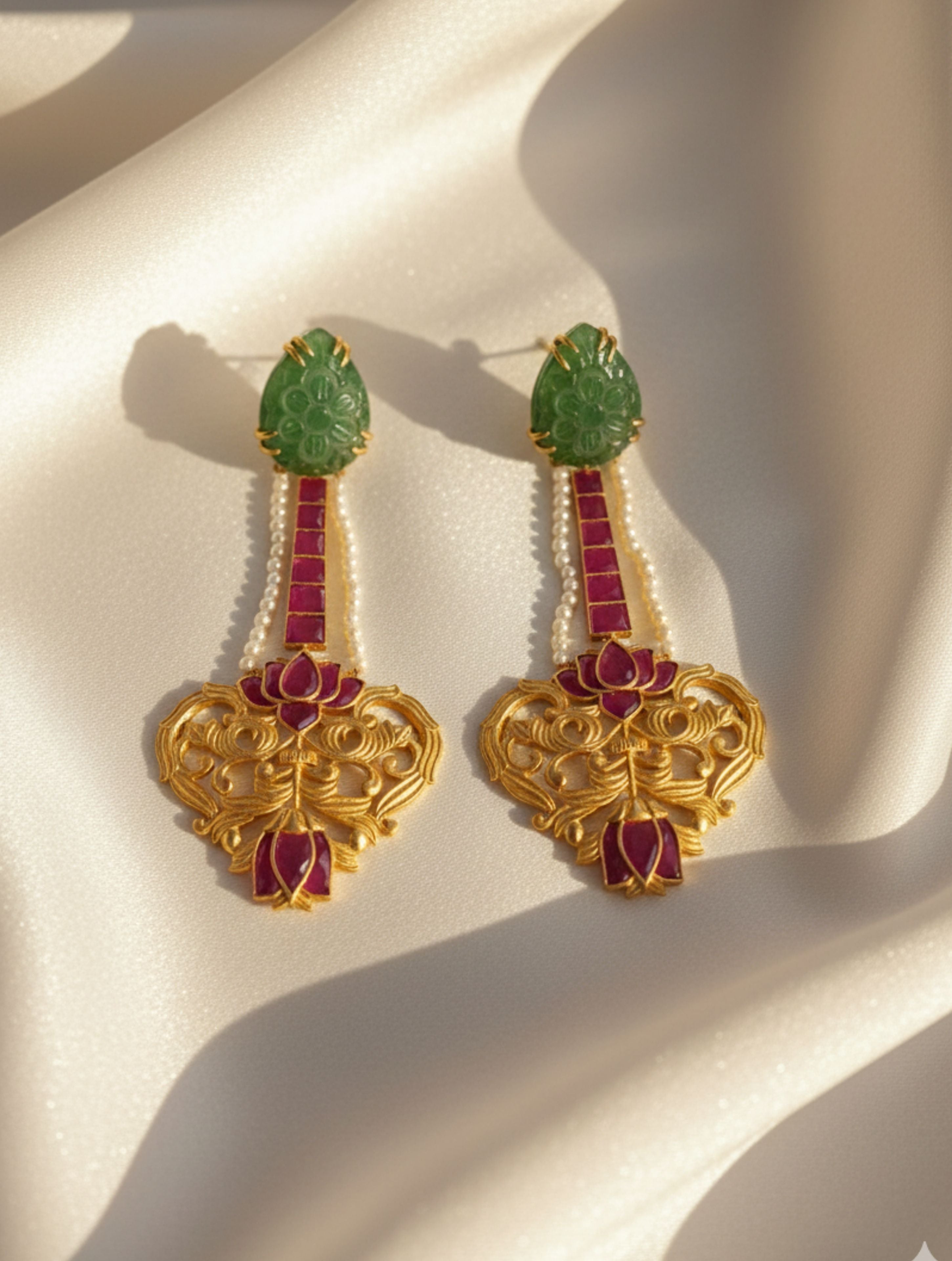 Hand-Carved Green Quartz & Dangler Earrings in Sterling Silver | Gold Finish