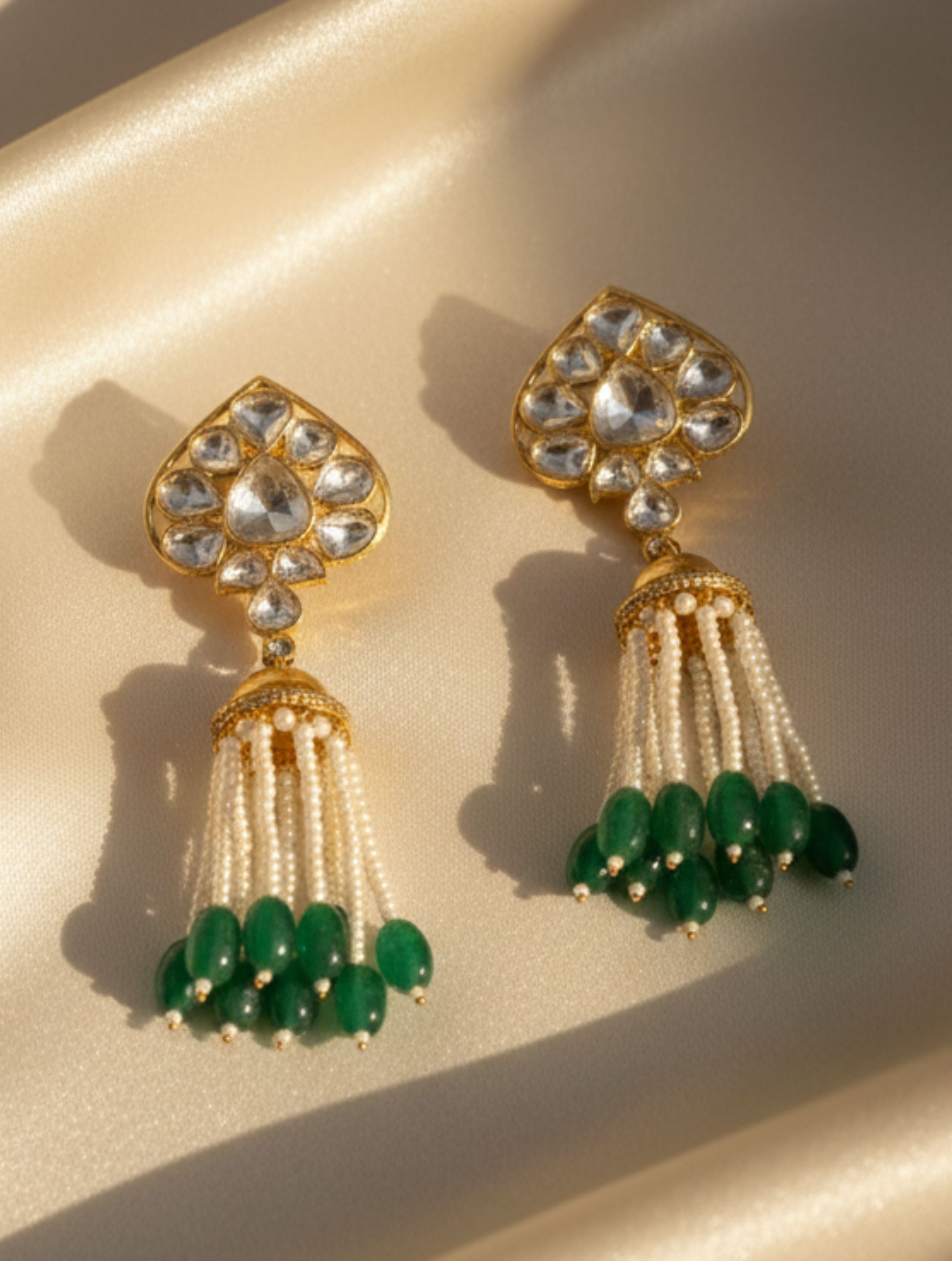 Spade-Cut Polki Moissanite Earrings with Pearl and Green Bead