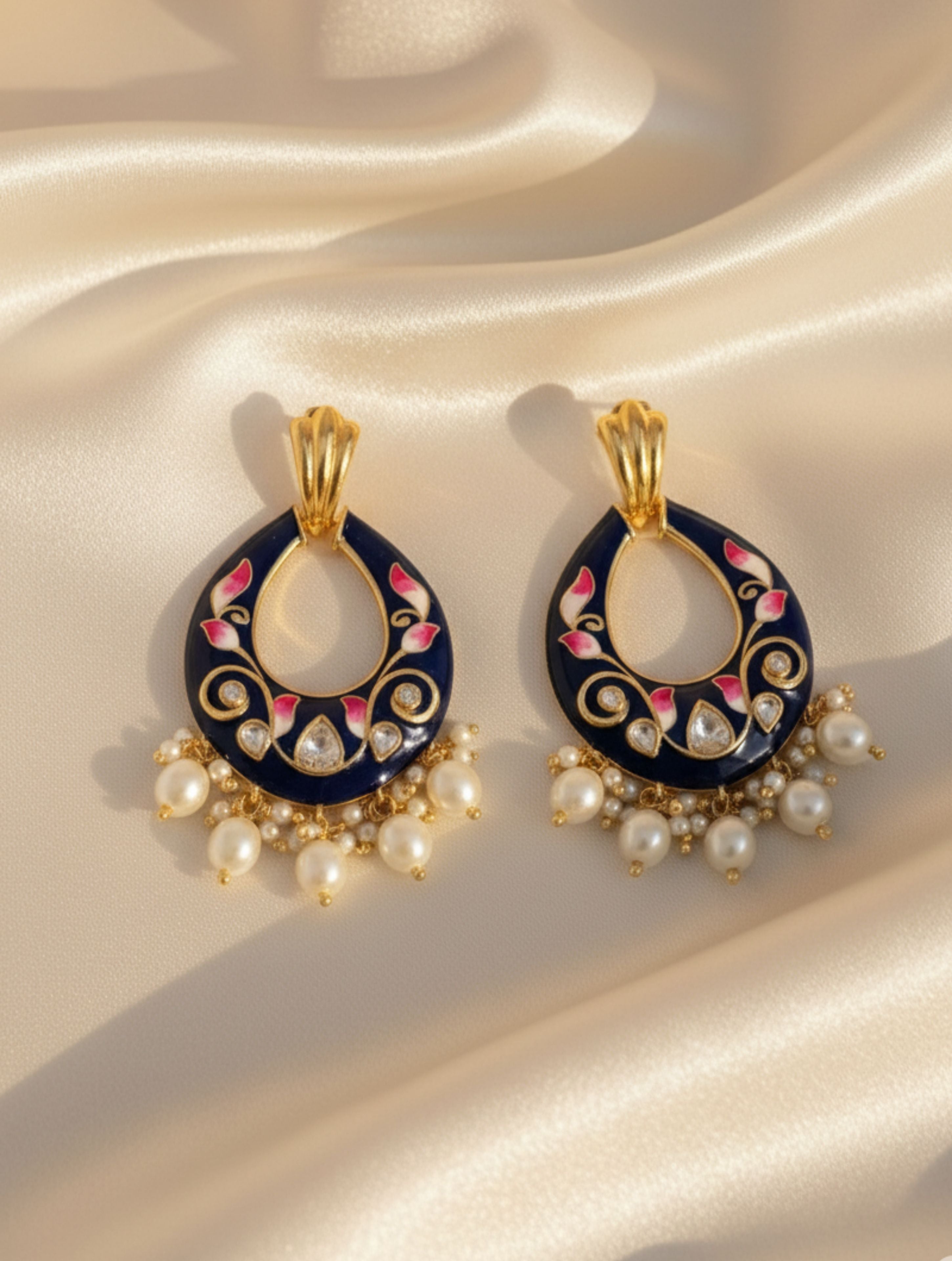 Navy Blue Meenakari Enamel & Polki Moissanite Dangler Earrings with Pearl Drops in 925 Sterling Silver