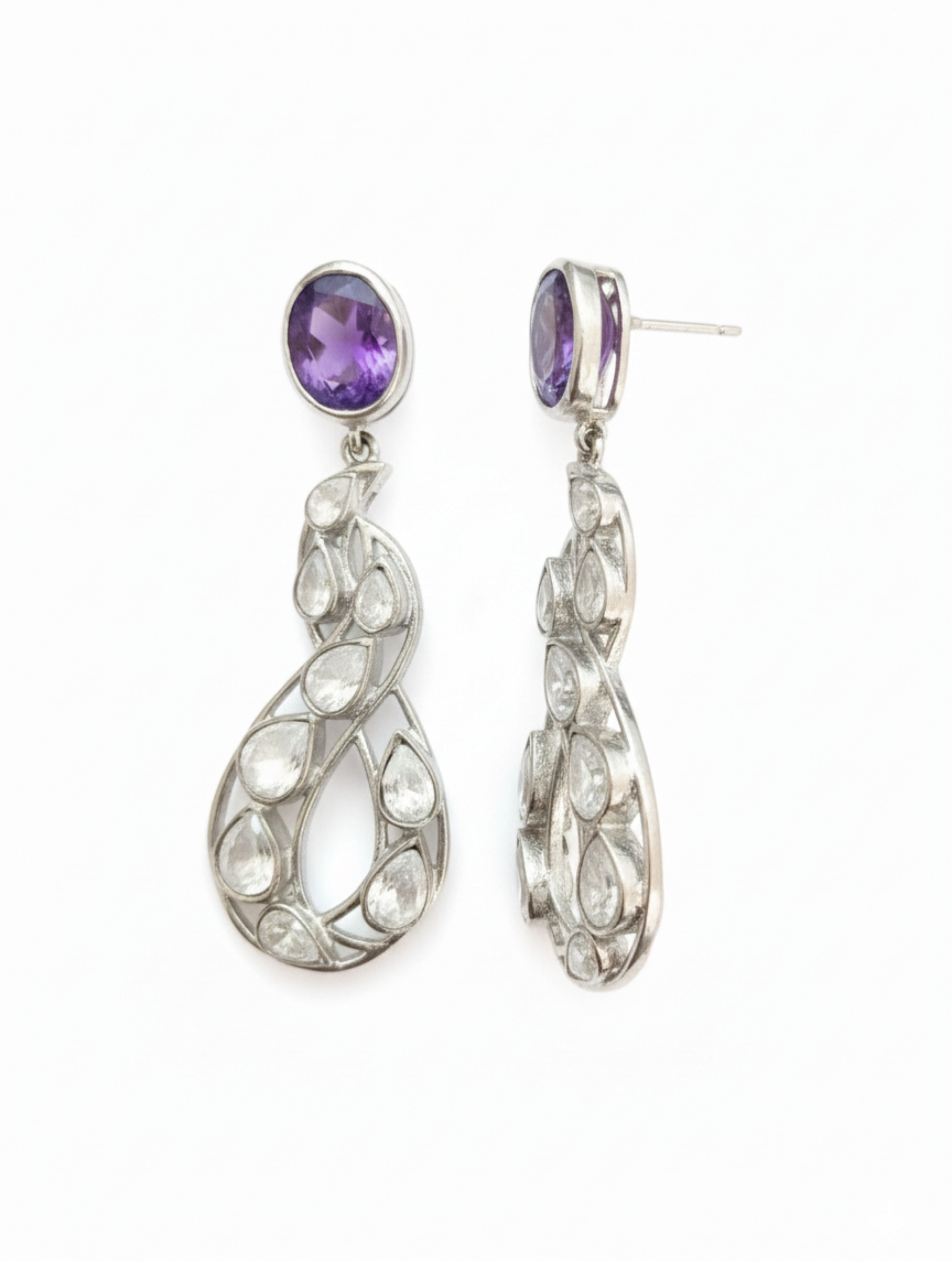 Amethyst & Polki Moissanite Sterling Silver Drop Earrings
