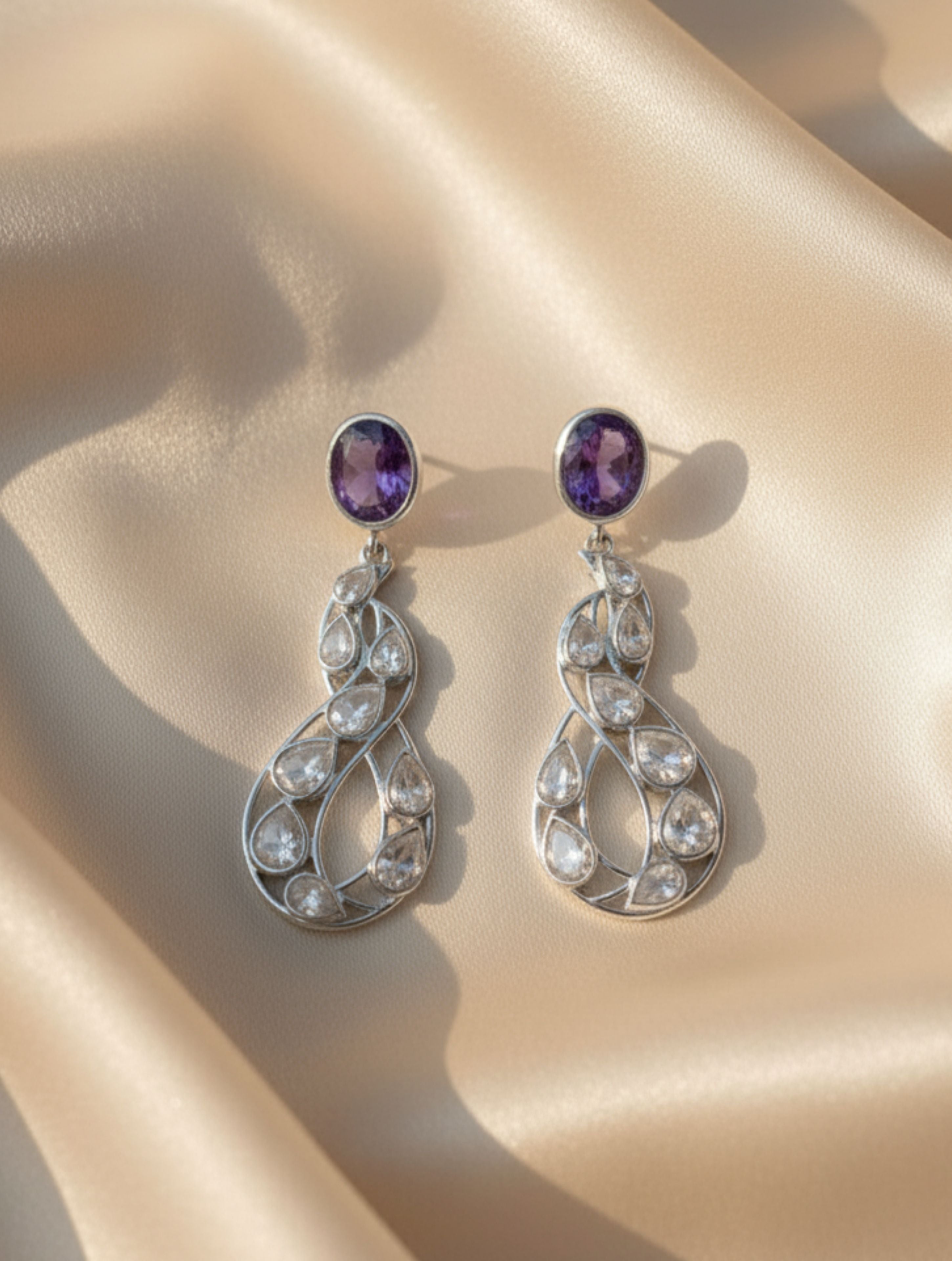 Amethyst & Polki Moissanite Sterling Silver Drop Earrings