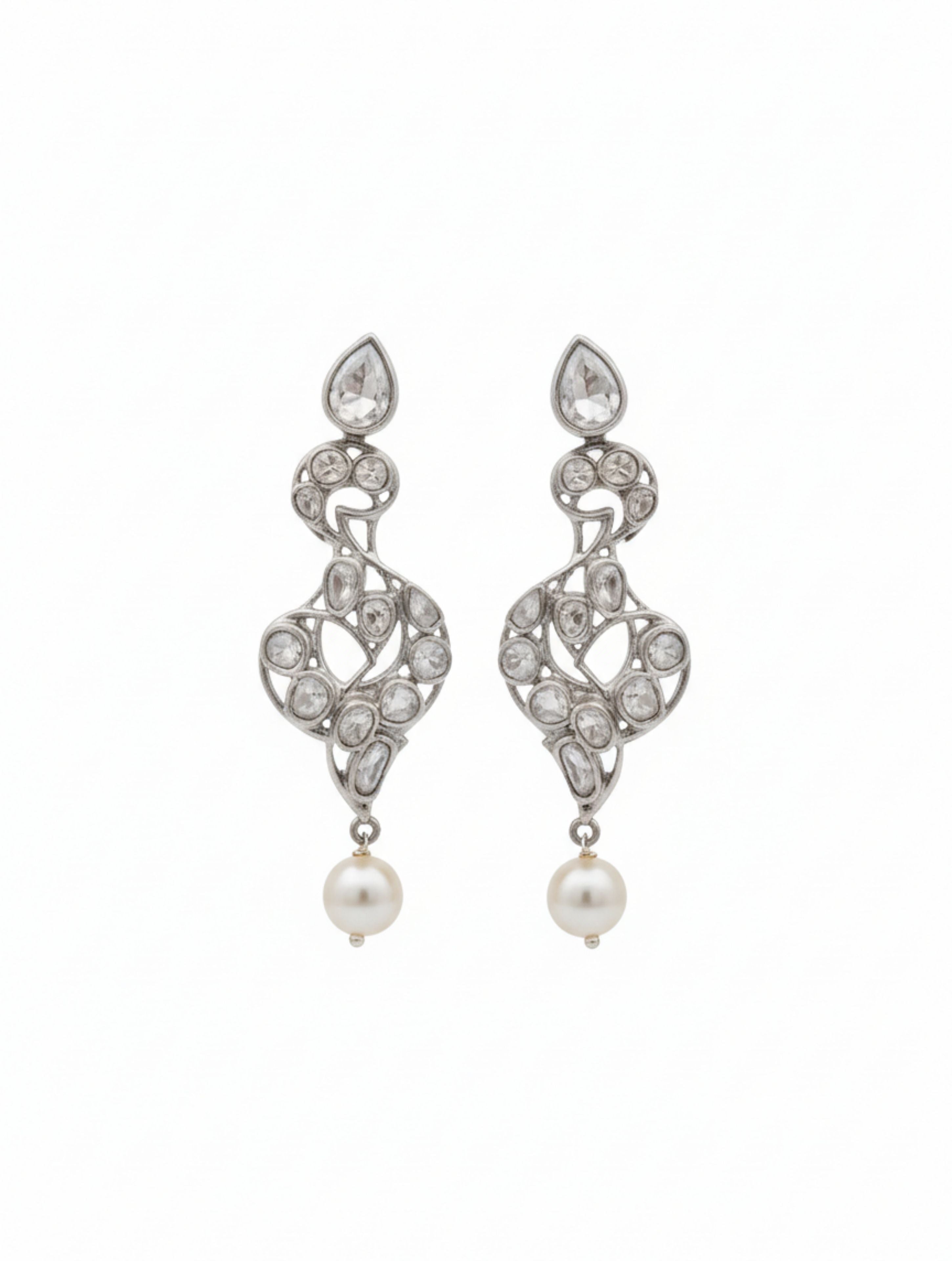Handcrafted Silver Polki Moissanite & Pearl Drop Earrings