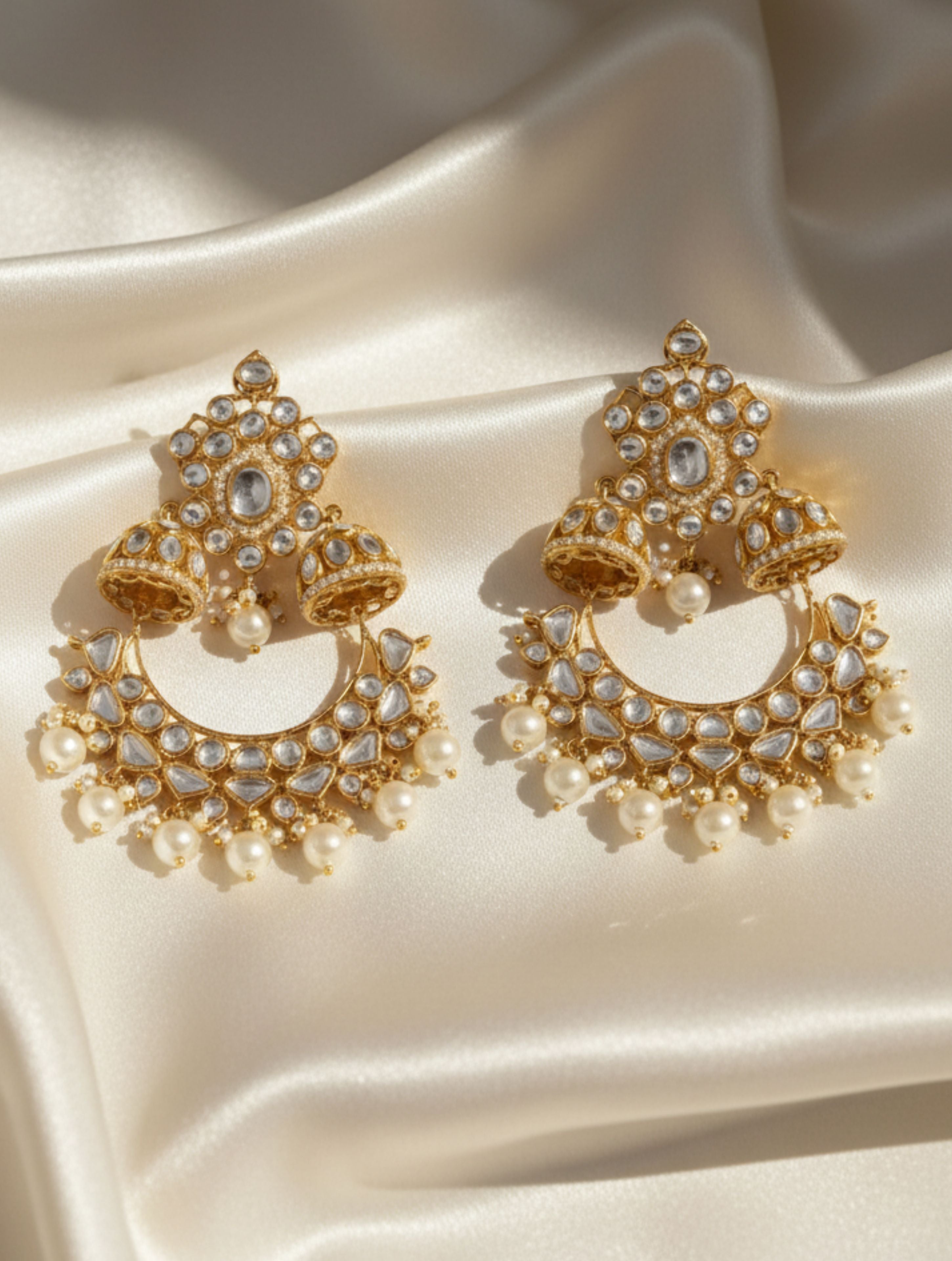 Gold-Plated Chandbali Jhumka Earrings with Moissanite, Polki, and Pearls