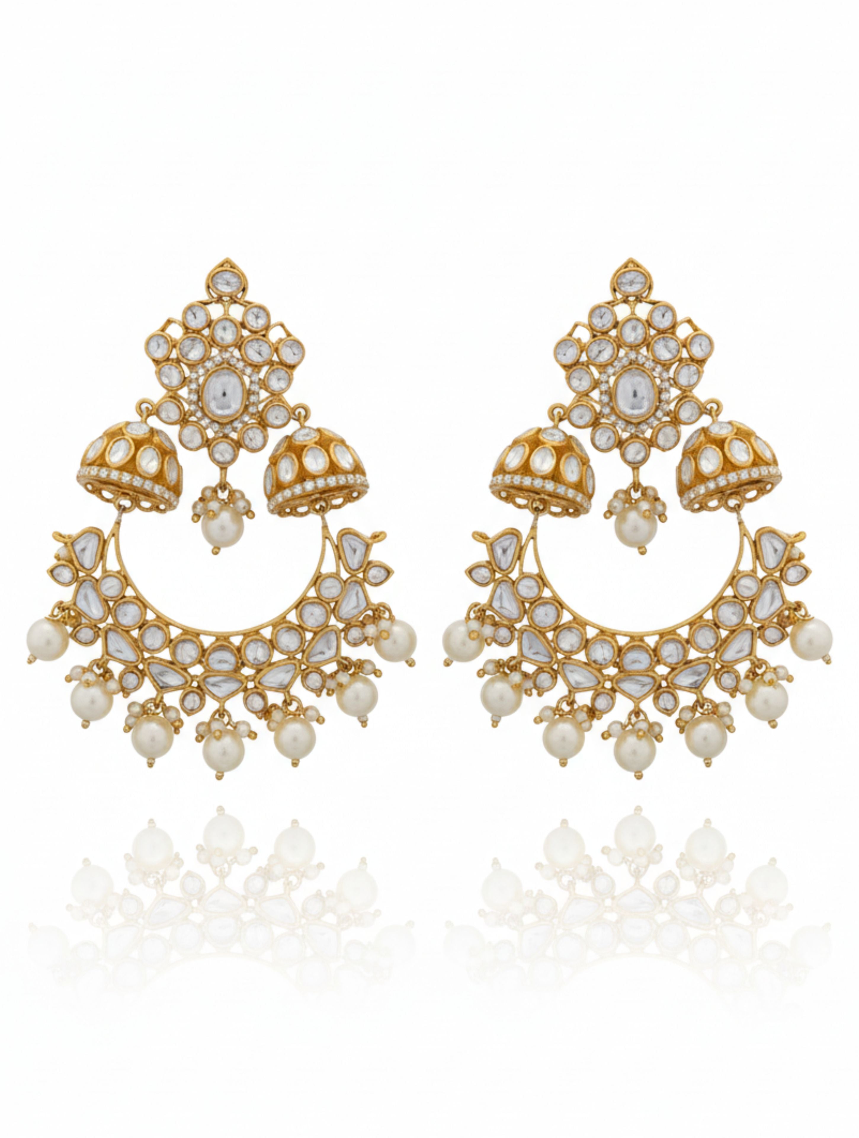 Gold-Plated Chandbali Jhumka Earrings with Moissanite, Polki, and Pearls