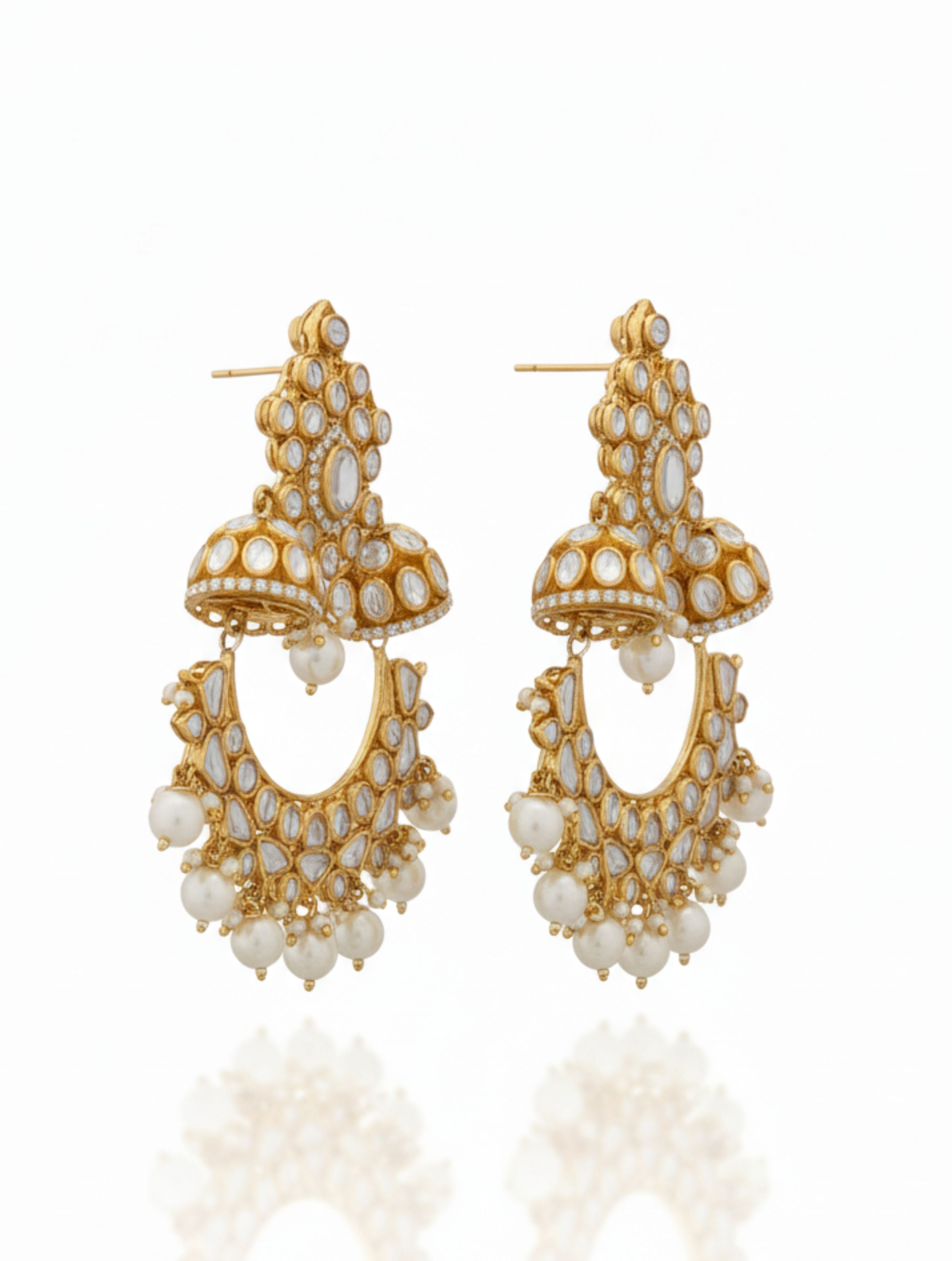 Gold-Plated Chandbali Jhumka Earrings with Moissanite, Polki, and Pearls